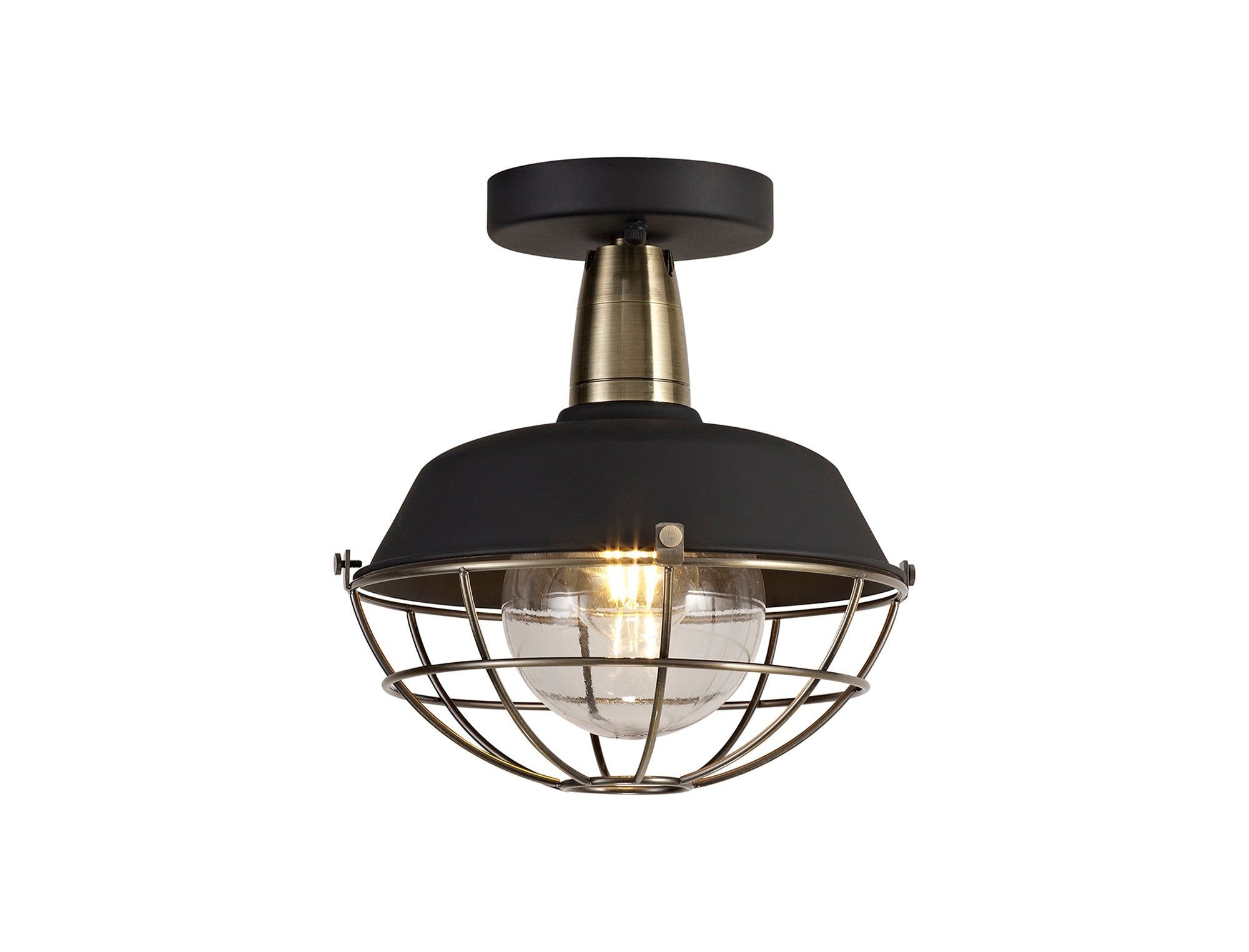 Lekshi Semi-Flush Ceiling, 1 Light E27, IP65, Matt Black/Antique Brass, 2yrs Warranty