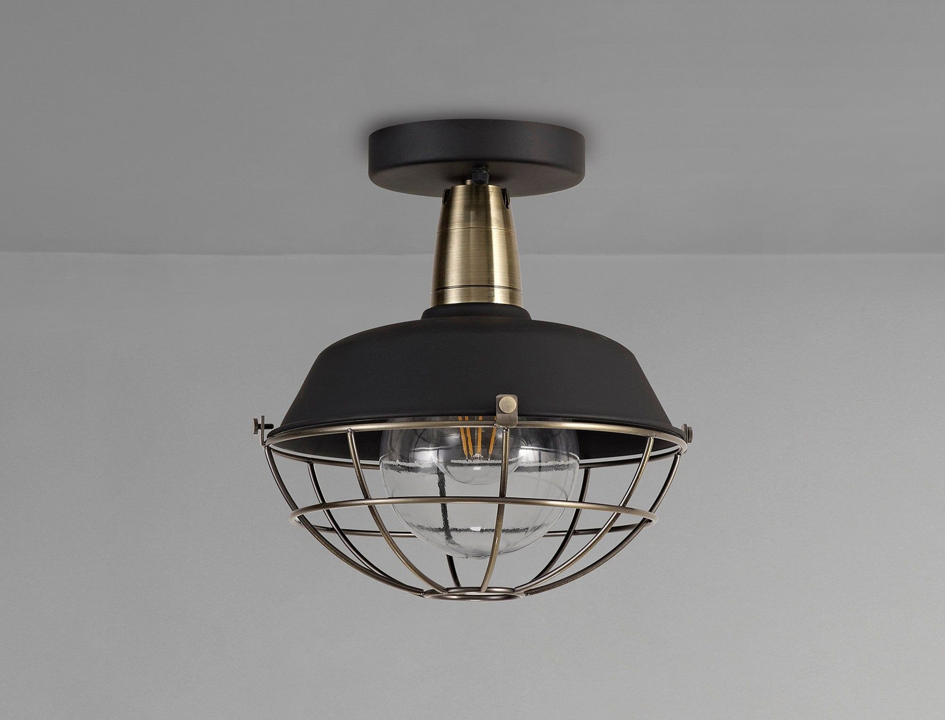 Lekshi Semi-Flush Ceiling, 1 Light E27, IP65, Matt Black/Antique Brass, 2yrs Warranty