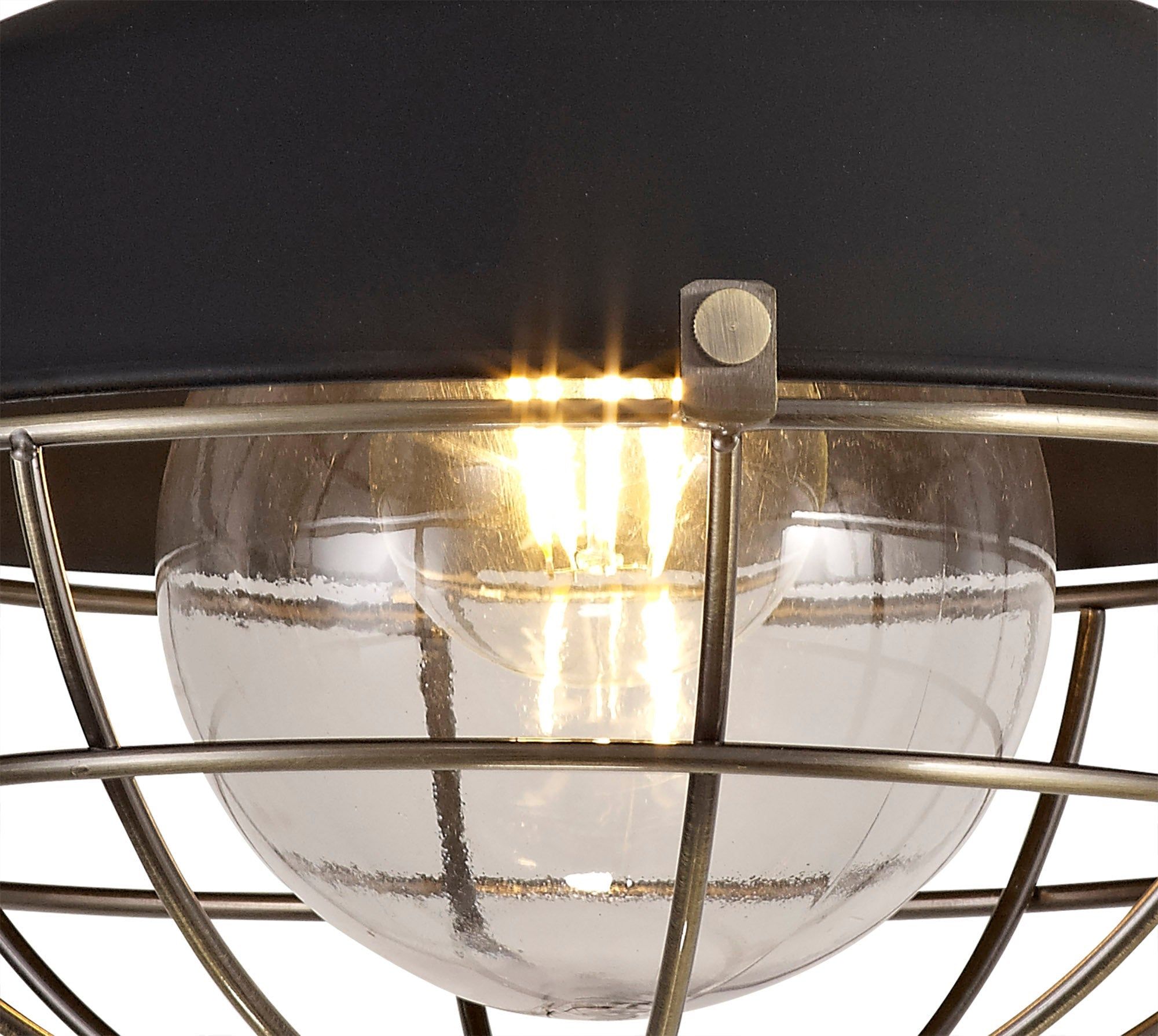 Lekshi Semi-Flush Ceiling, 1 Light E27, IP65, Matt Black/Antique Brass, 2yrs Warranty