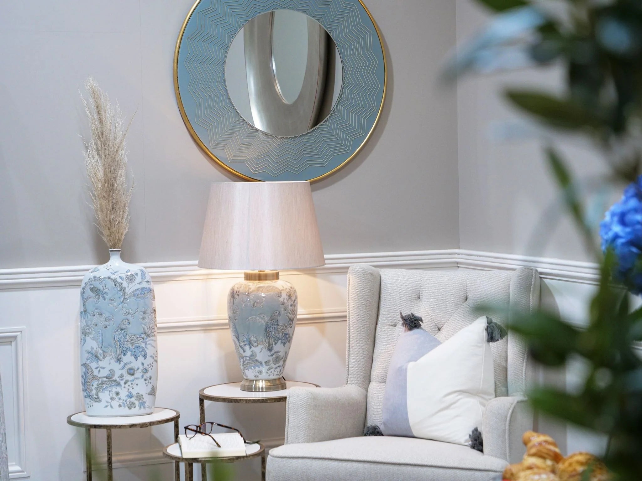 Liana Round Mirror - Blue & Gold Finish