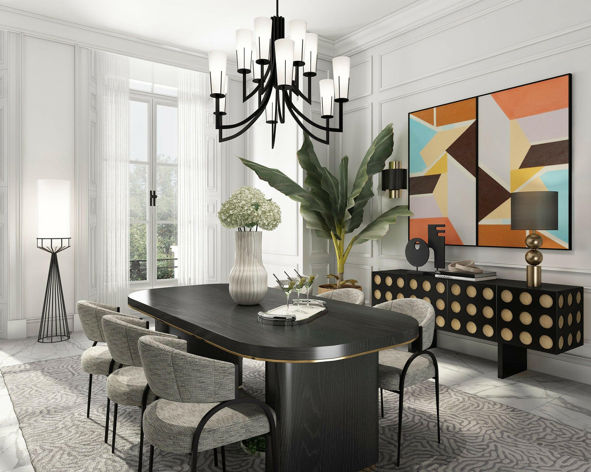 Faro Floor Lamp - Matt Black &amp; White Linen E27