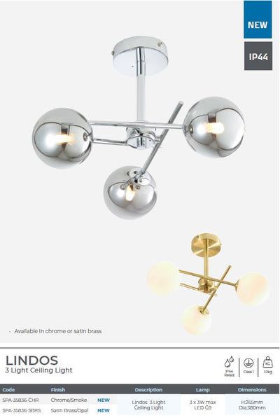 Lindos 3/5lt Cross Arm Semi-Flush Satin Brass & Opal/Chrome & Frosted