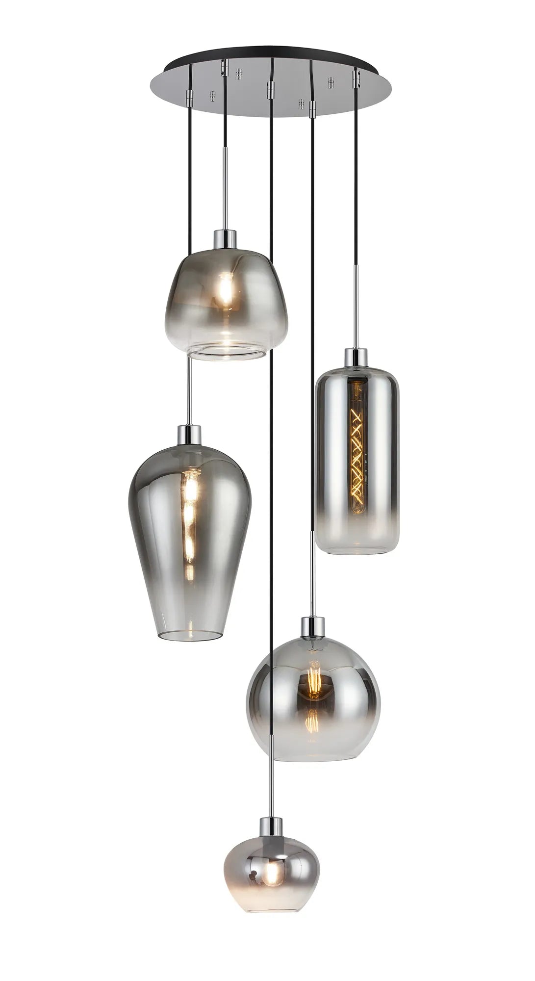 Lori 5 Light Cluster Pendant Adjustable E27- Polished Chrome w Various Glass Finishes