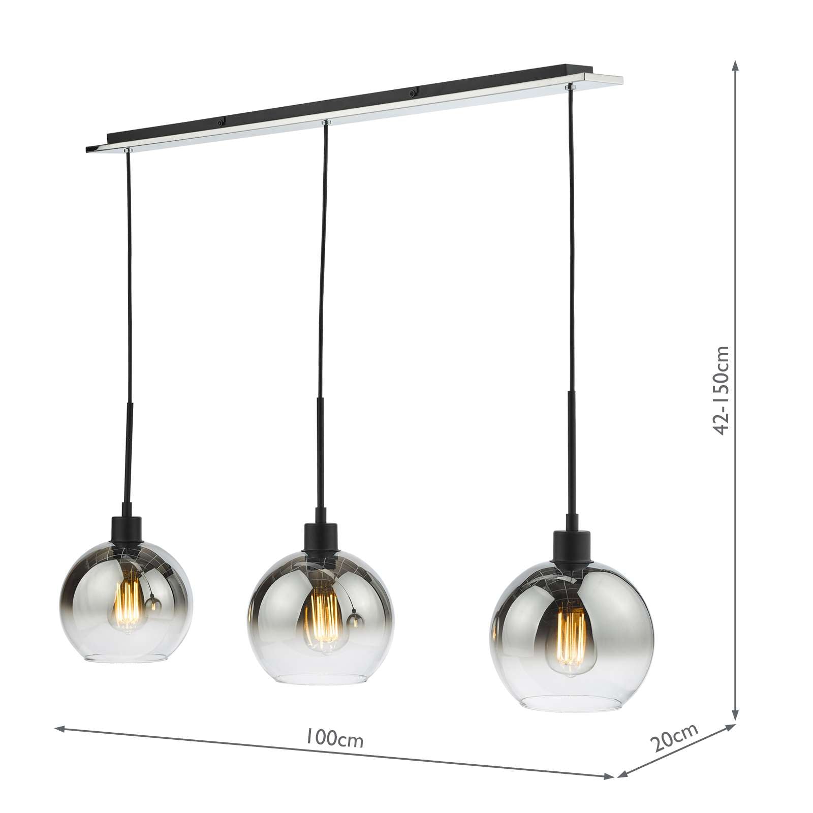 Lycia 3 Light Kitchen Light Matt Black Ombre Smoked Glass