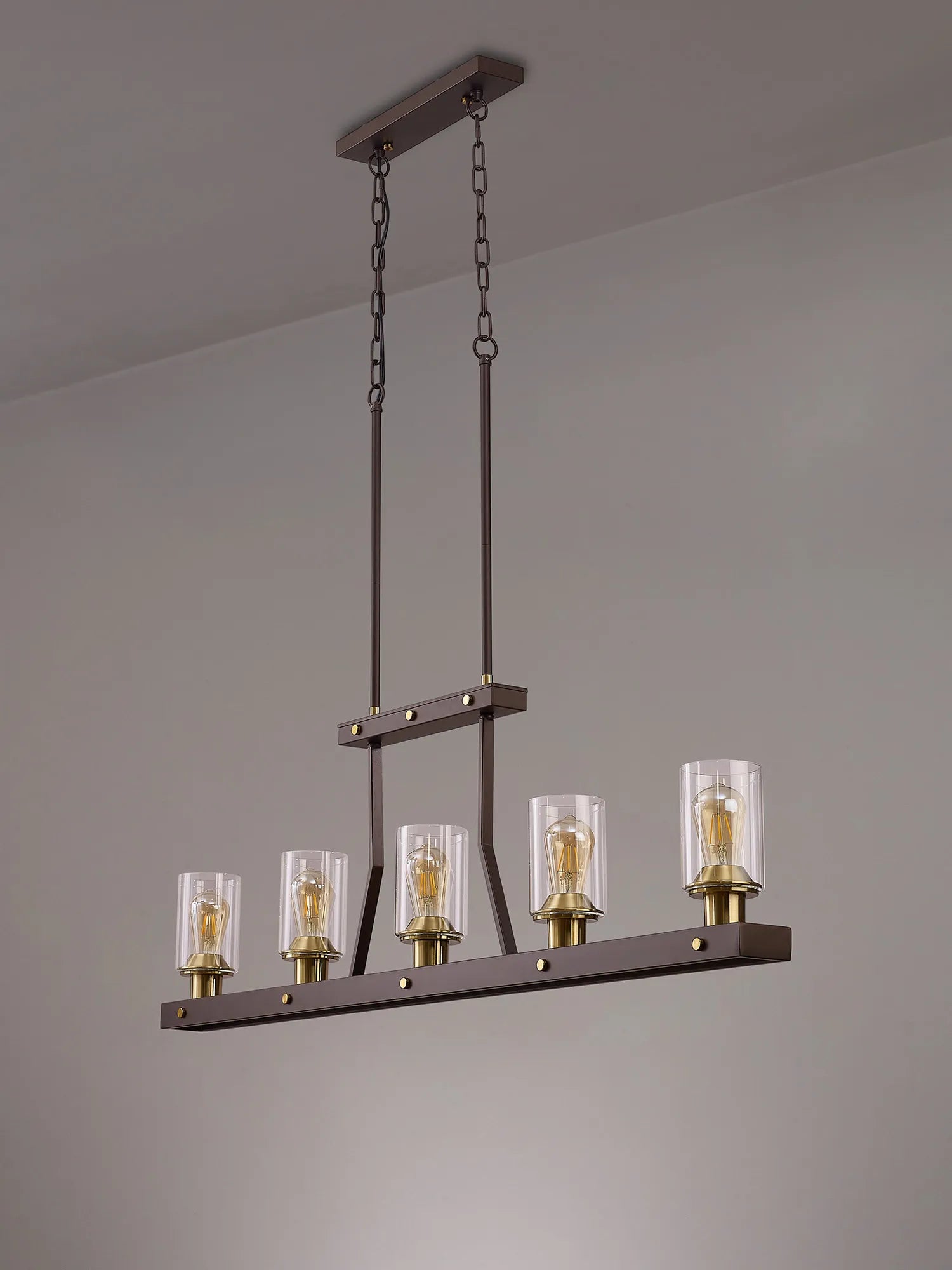 Halo Linear Pendant- Brown Oxide/Gold Bronze With Clear Glass Shades