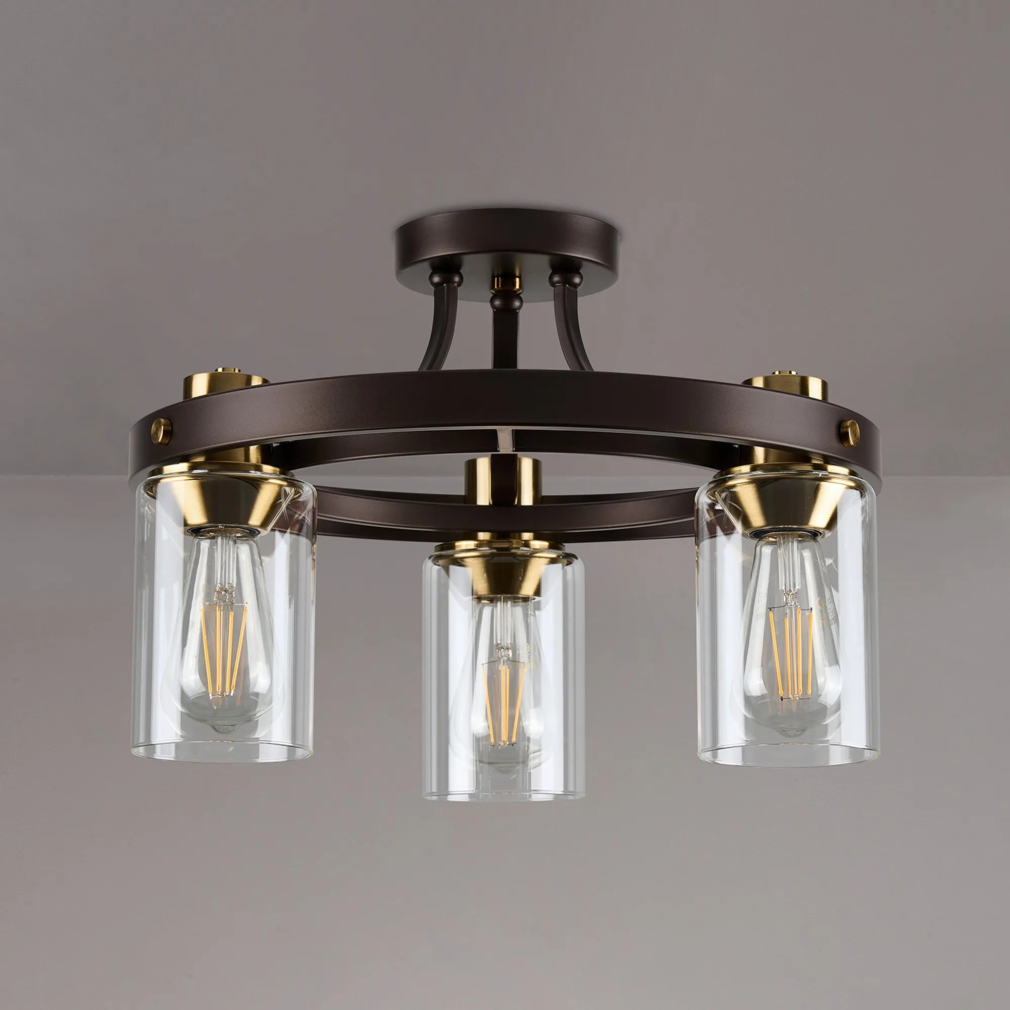 Halo 3/5 Semi Flush Light- Brown Oxide/Gold Bronze With Clear Glass Shades