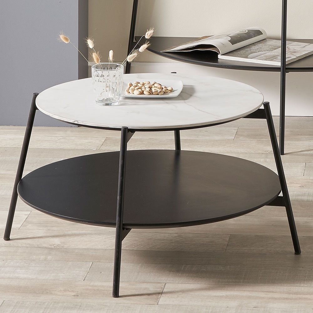 Marchello White Marble Veneer Metal Console Table - Black Finish