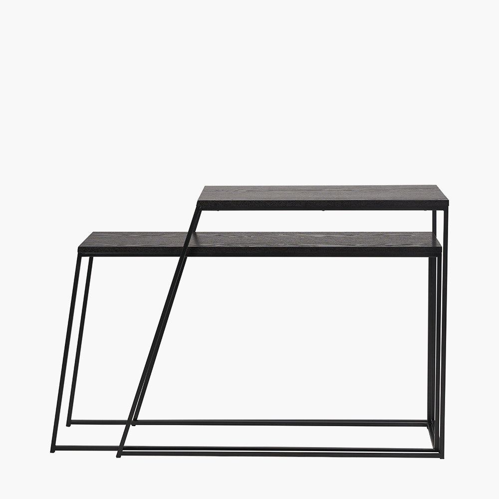 S/2 Mashiko Black Ash Veneer and Black Metal Console Tables