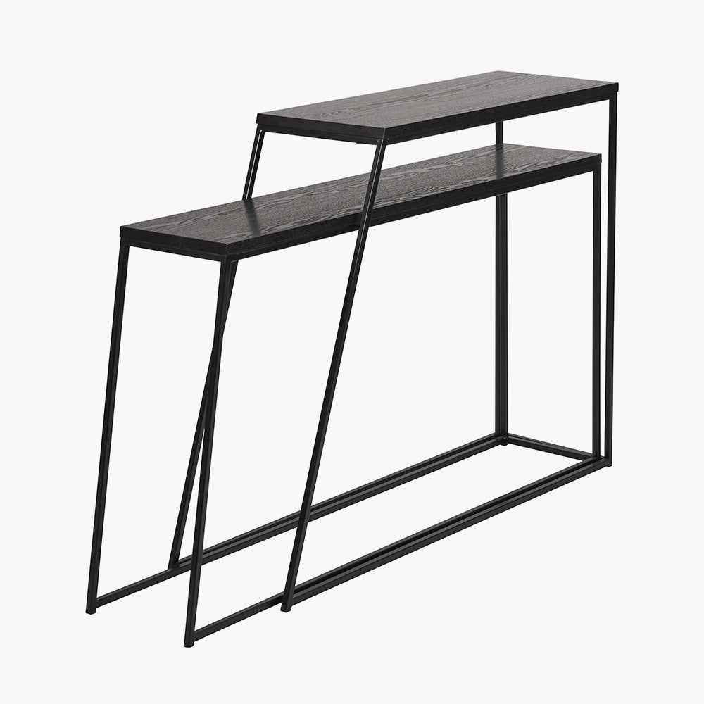 S/2 Mashiko Black Ash Veneer and Black Metal Console Tables