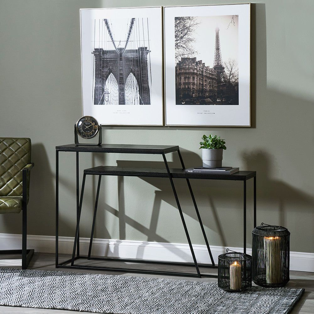 S/2 Mashiko Black Ash Veneer and Black Metal Console Tables