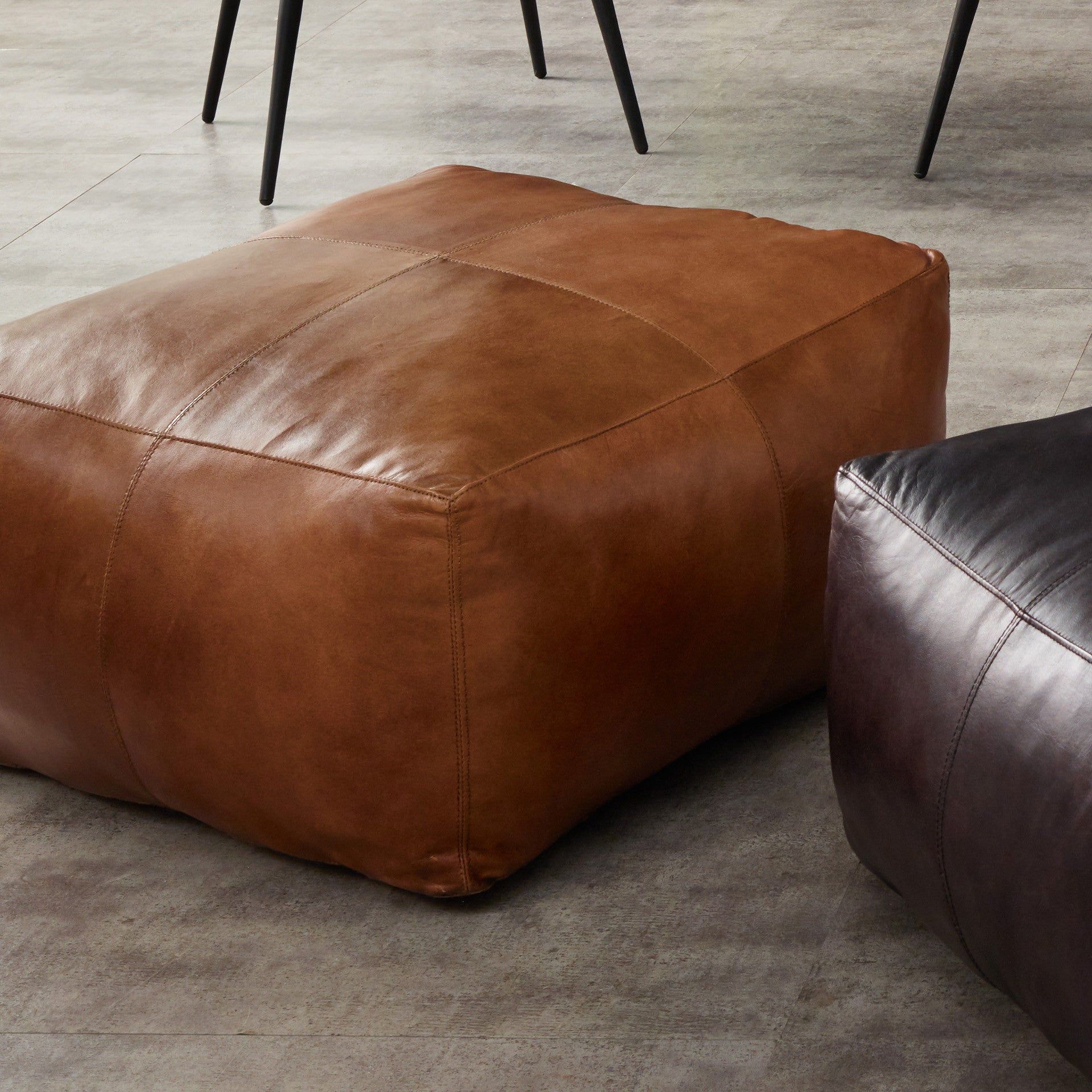 Matteo Prussian Blue/Natural Tan/Steel Grey  Leather Square Pouffe