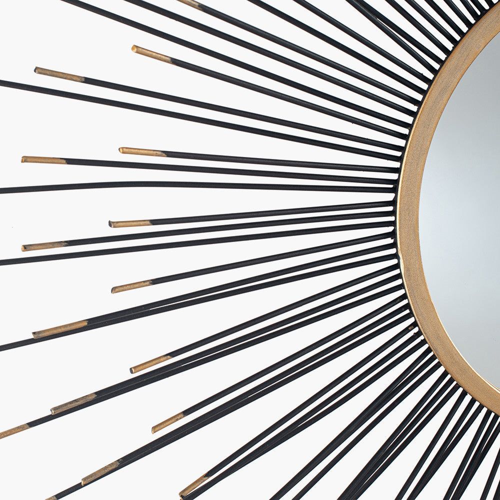 Metal Starburst Round Wall Mirror - Black & Gold Finish