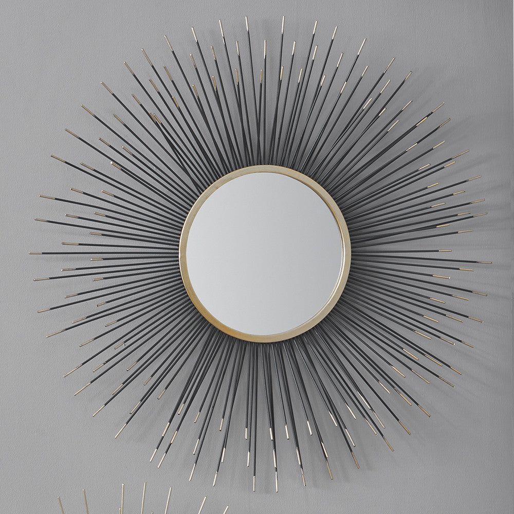 Metal Starburst Round Wall Mirror - Black & Gold Finish