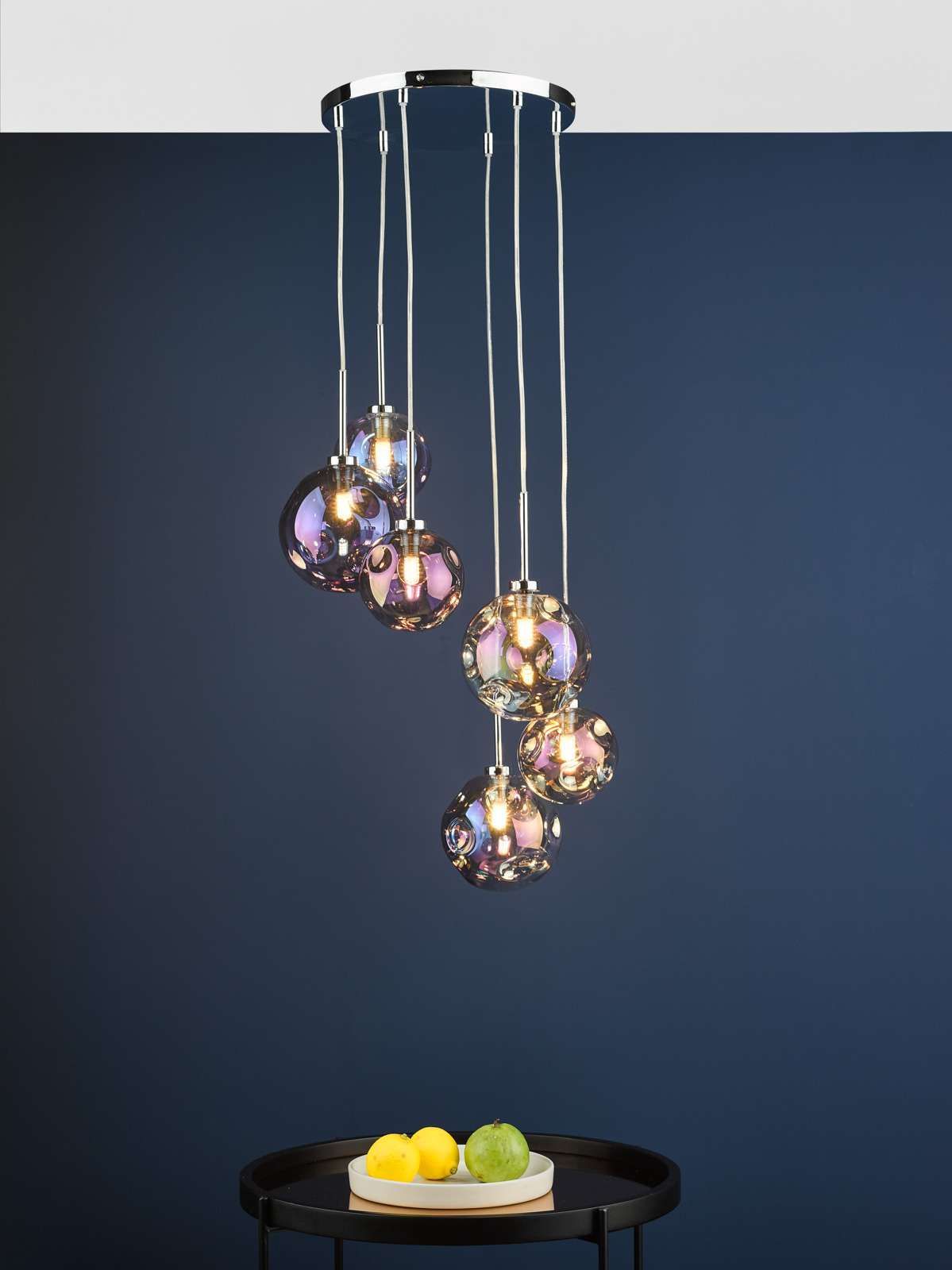 Dar Mira 6Lt Cluster Ceiling Light - Polished Chrome Iridised Glass IP20