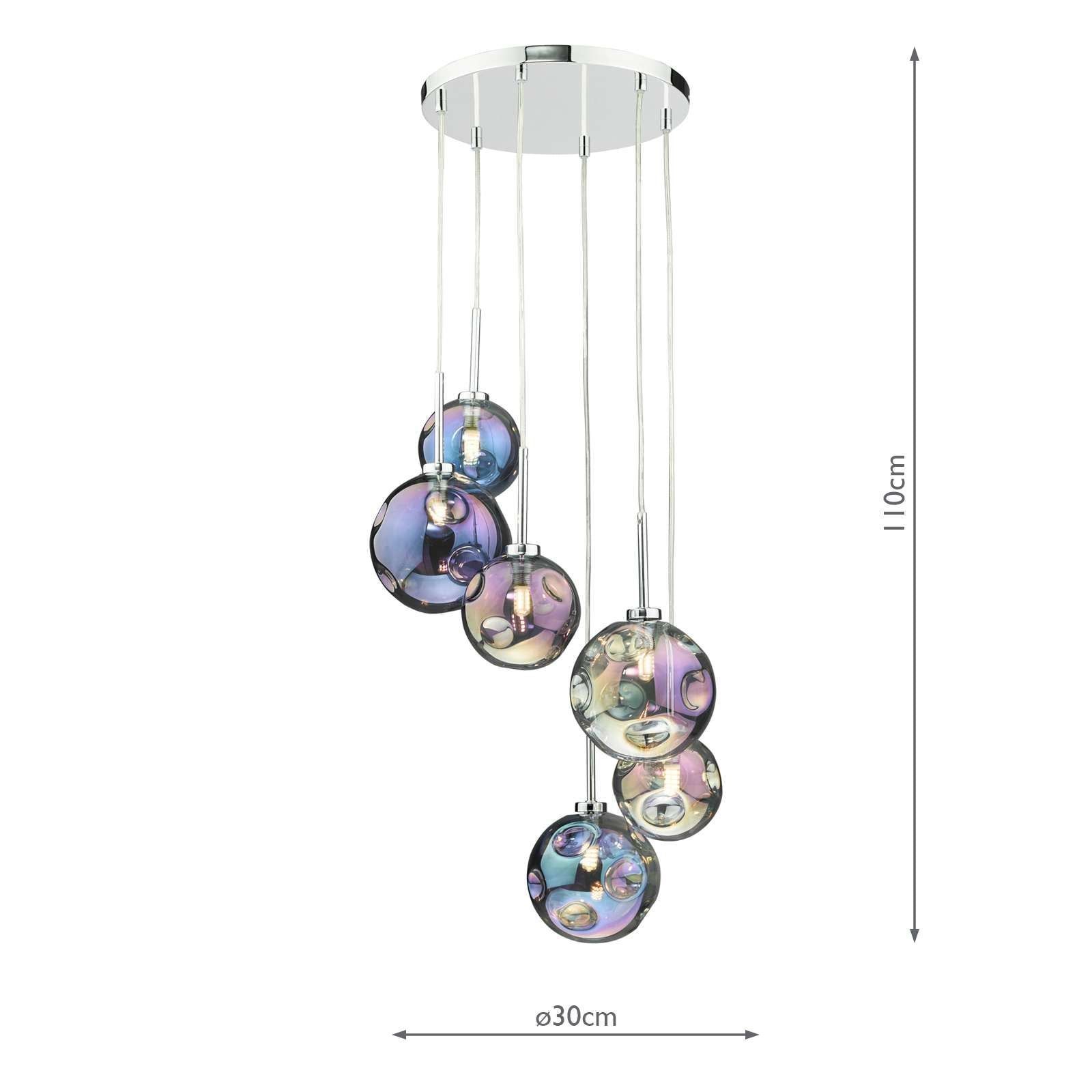 Dar Mira 6Lt Cluster Ceiling Light - Polished Chrome Iridised Glass IP20