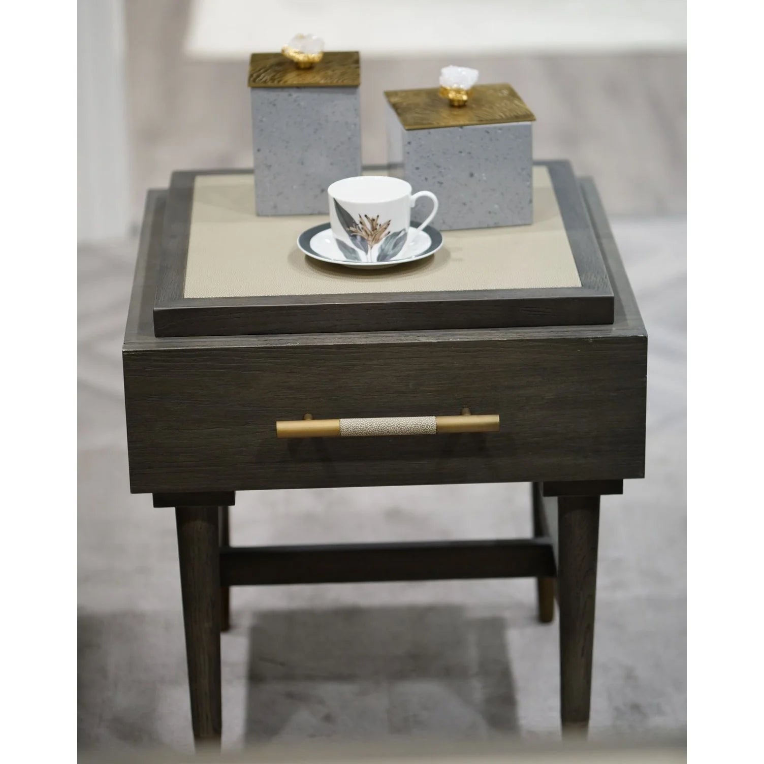 Nimes Side Table / Locker - Grey Oak & Antique Brass Finish