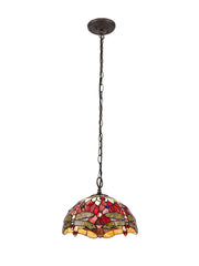 Nuflur 1 Light Downlighter Pendant E27 With 30cm Tiffany Shade, Purple/Pink/Aged Antique Brass CLEARANCE