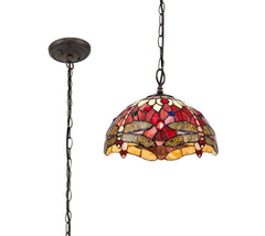 Nuflur 1 Light Downlighter Pendant E27 With 30cm Tiffany Shade, Purple/Pink/Aged Antique Brass CLEARANCE