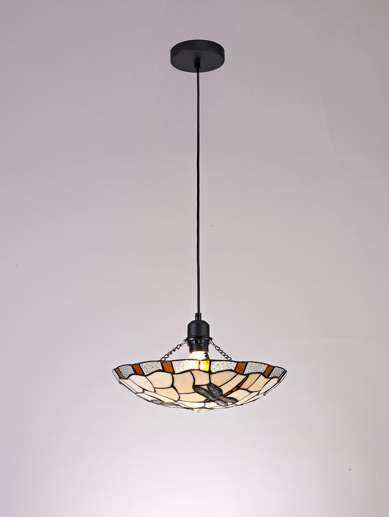 Odyssey 1 Light Pendant E27 With 35cm Tiffany Shade, Various Finishes & Clear Crystal & Black