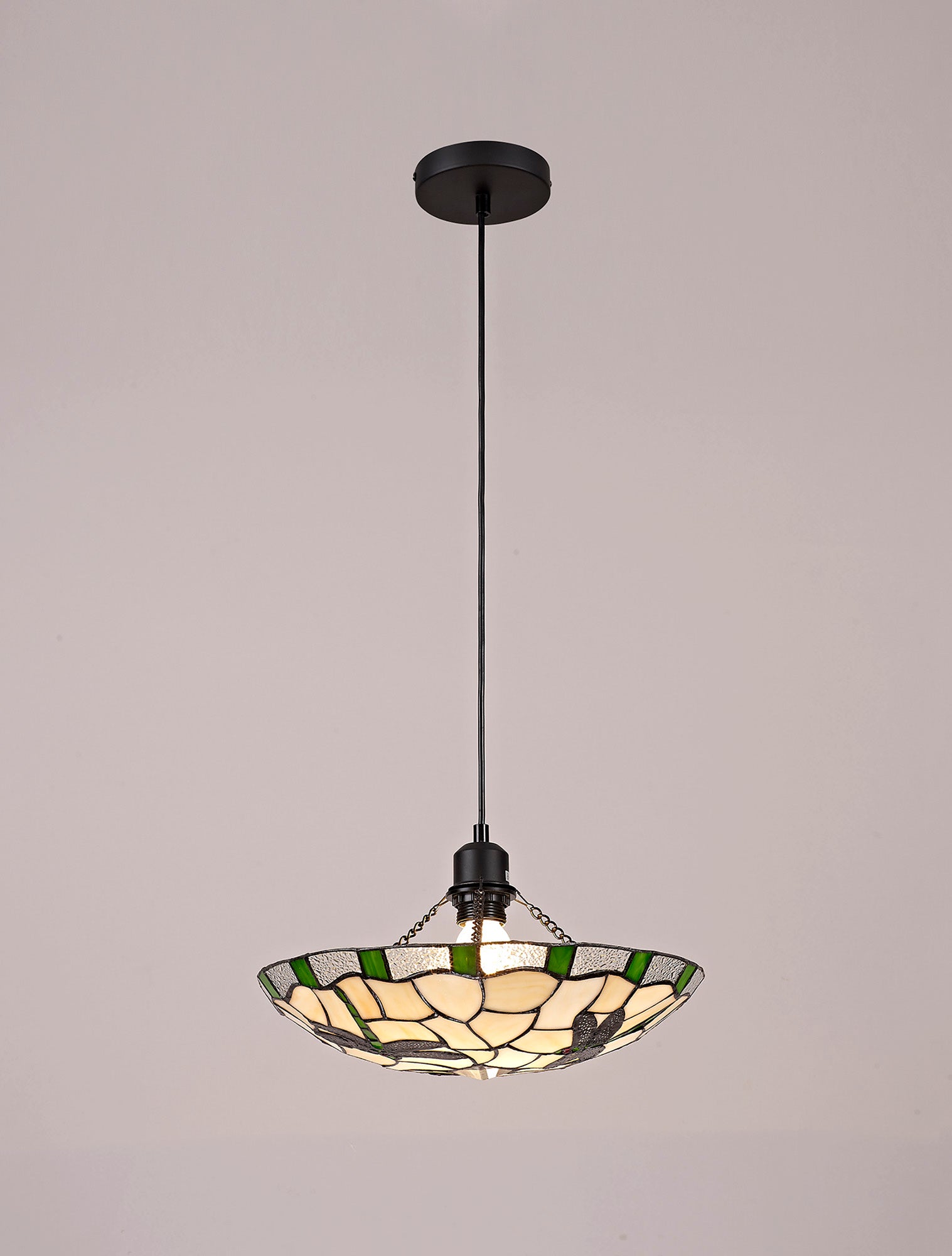 Odyssey 1 Light Pendant E27 With 35cm Tiffany Shade, Various Finishes & Clear Crystal & Black