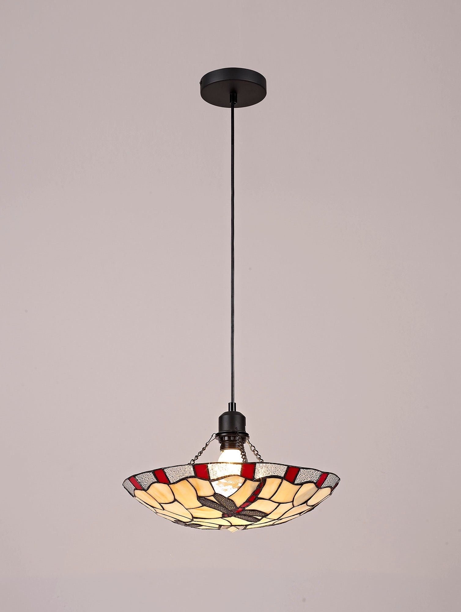 Odyssey 1 Light Pendant E27 With 35cm Tiffany Shade, Various Finishes & Clear Crystal & Black