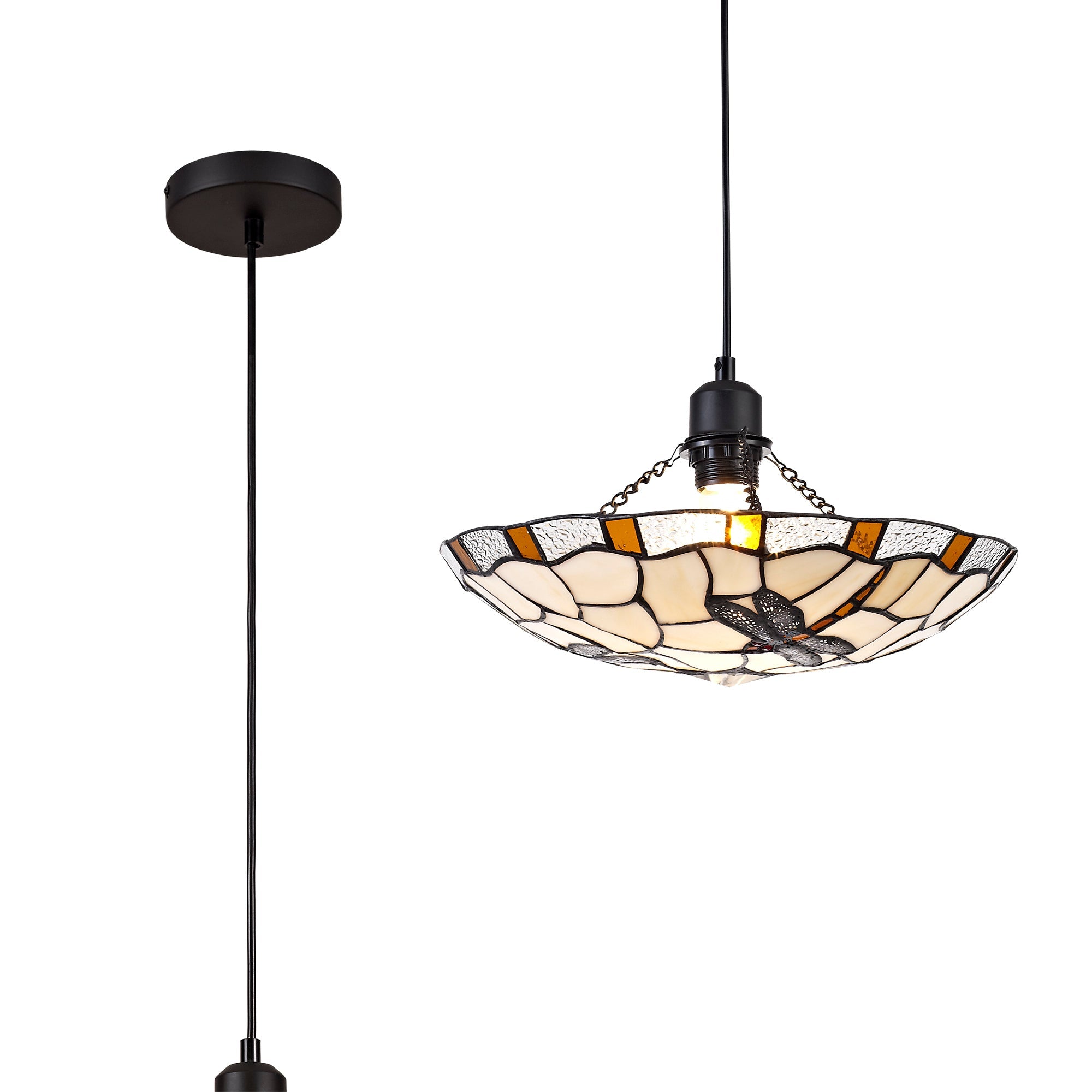 Odyssey 1 Light Pendant E27 With 35cm Tiffany Shade, Various Finishes & Clear Crystal & Black