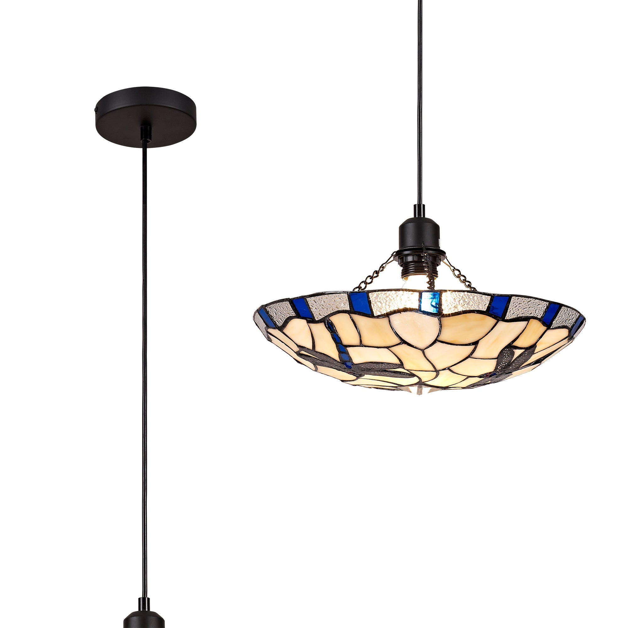 Odyssey 1 Light Pendant E27 With 35cm Tiffany Shade, Various Finishes & Clear Crystal & Black