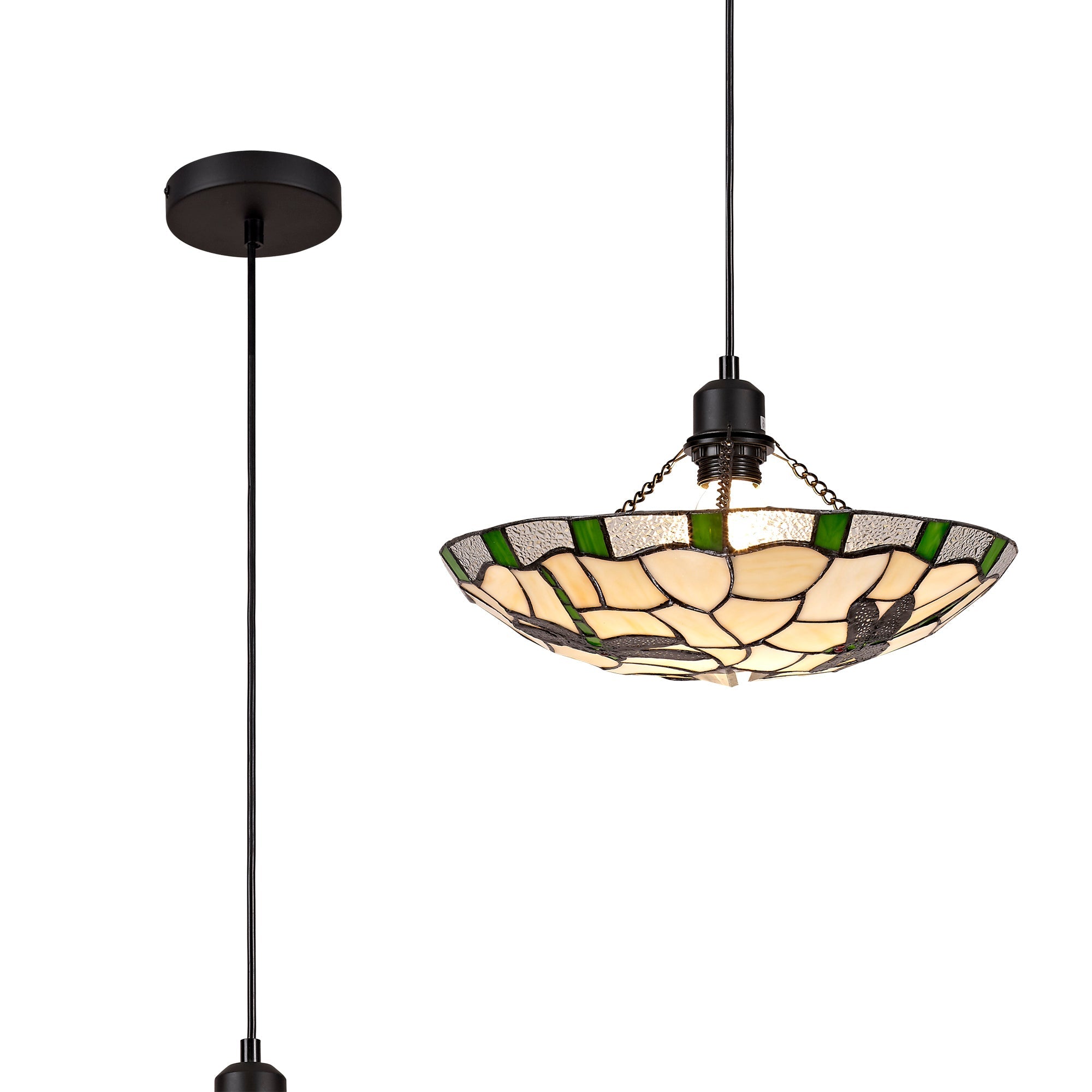 Odyssey 1 Light Pendant E27 With 35cm Tiffany Shade, Various Finishes & Clear Crystal & Black