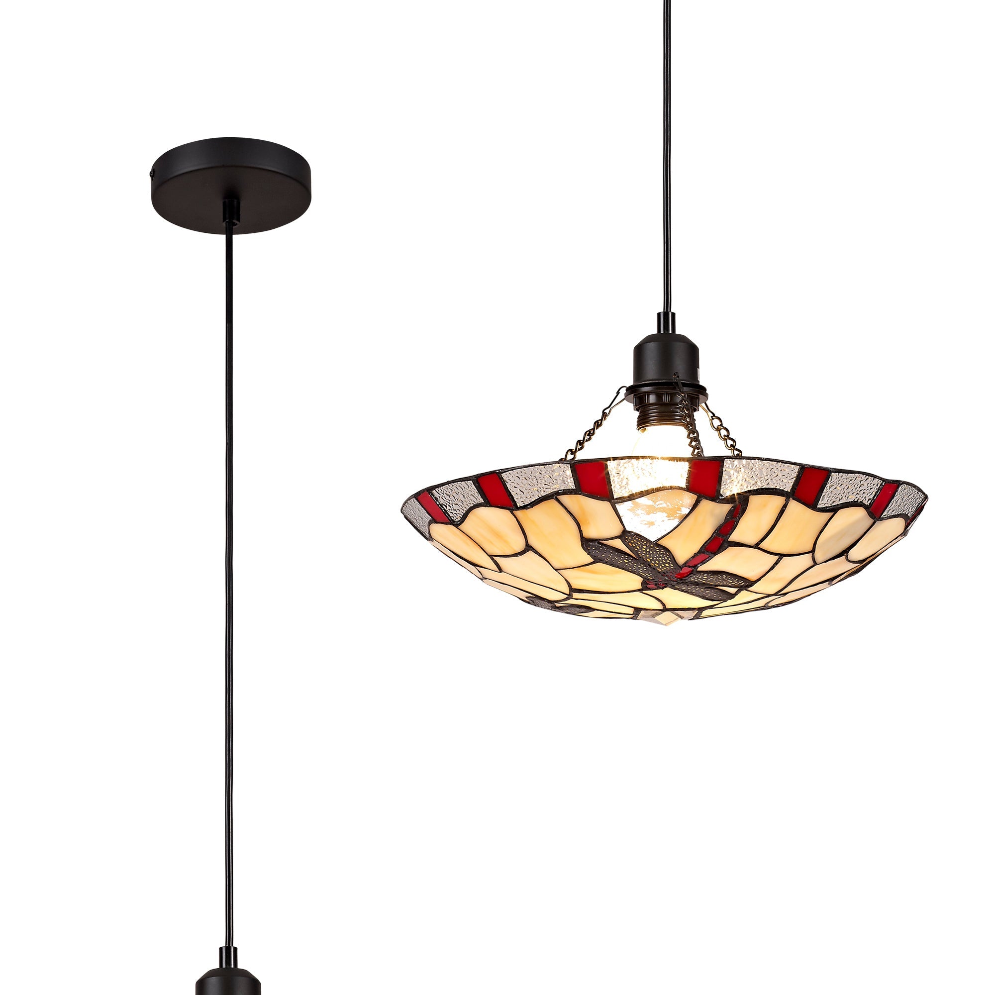 Odyssey 1 Light Pendant E27 With 35cm Tiffany Shade, Various Finishes & Clear Crystal & Black