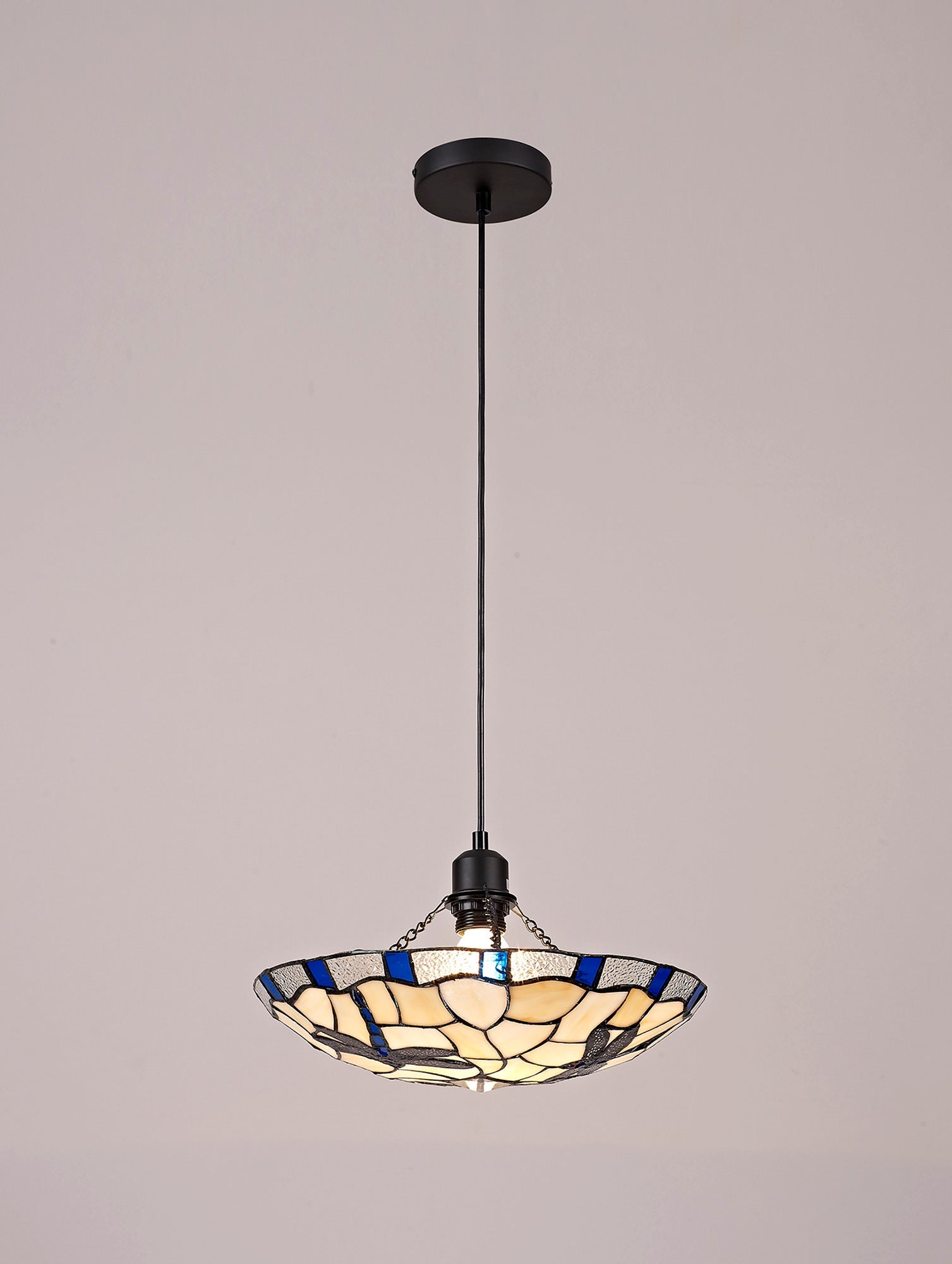 Odyssey 1 Light Pendant E27 With 35cm Tiffany Shade, Various Finishes & Clear Crystal & Black