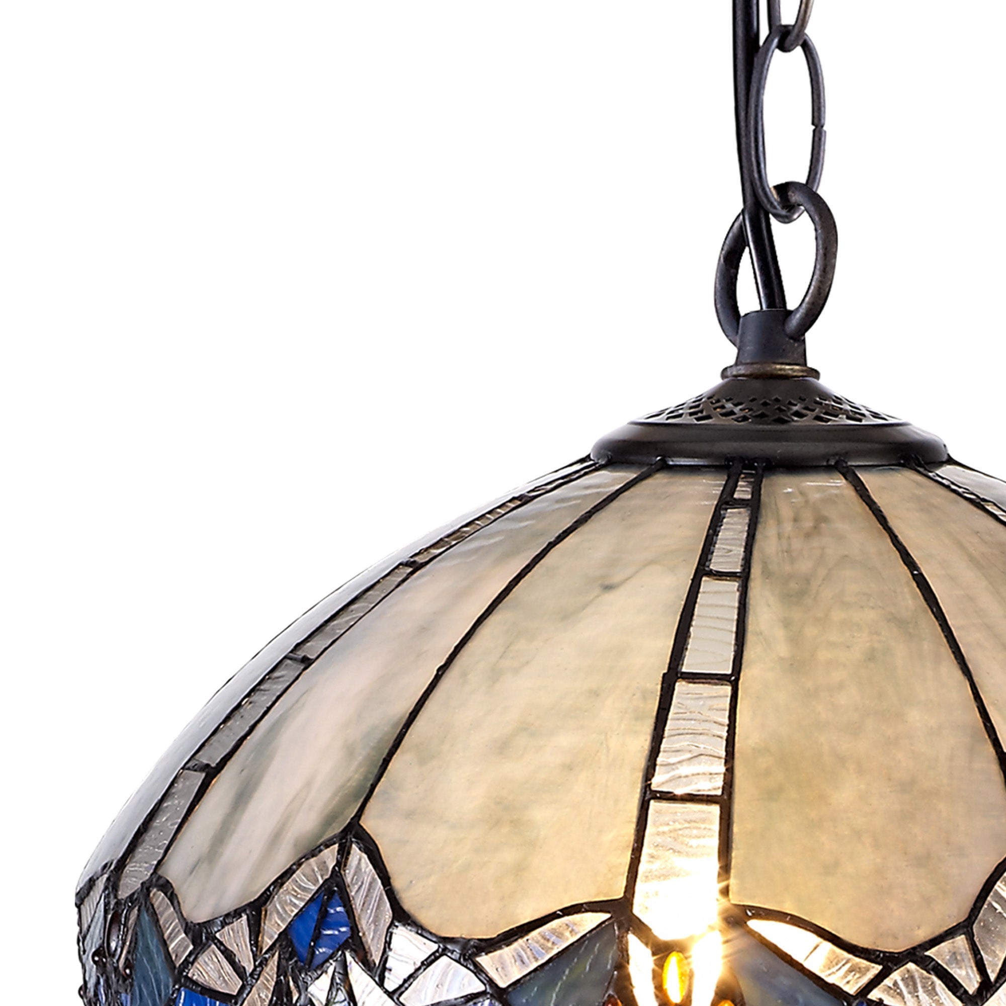 Oksana 1 Light Downlight Pendant E27 With Medium/Large Tiffany Shade, Blue & Clear Crystal & Aged Antique Brass