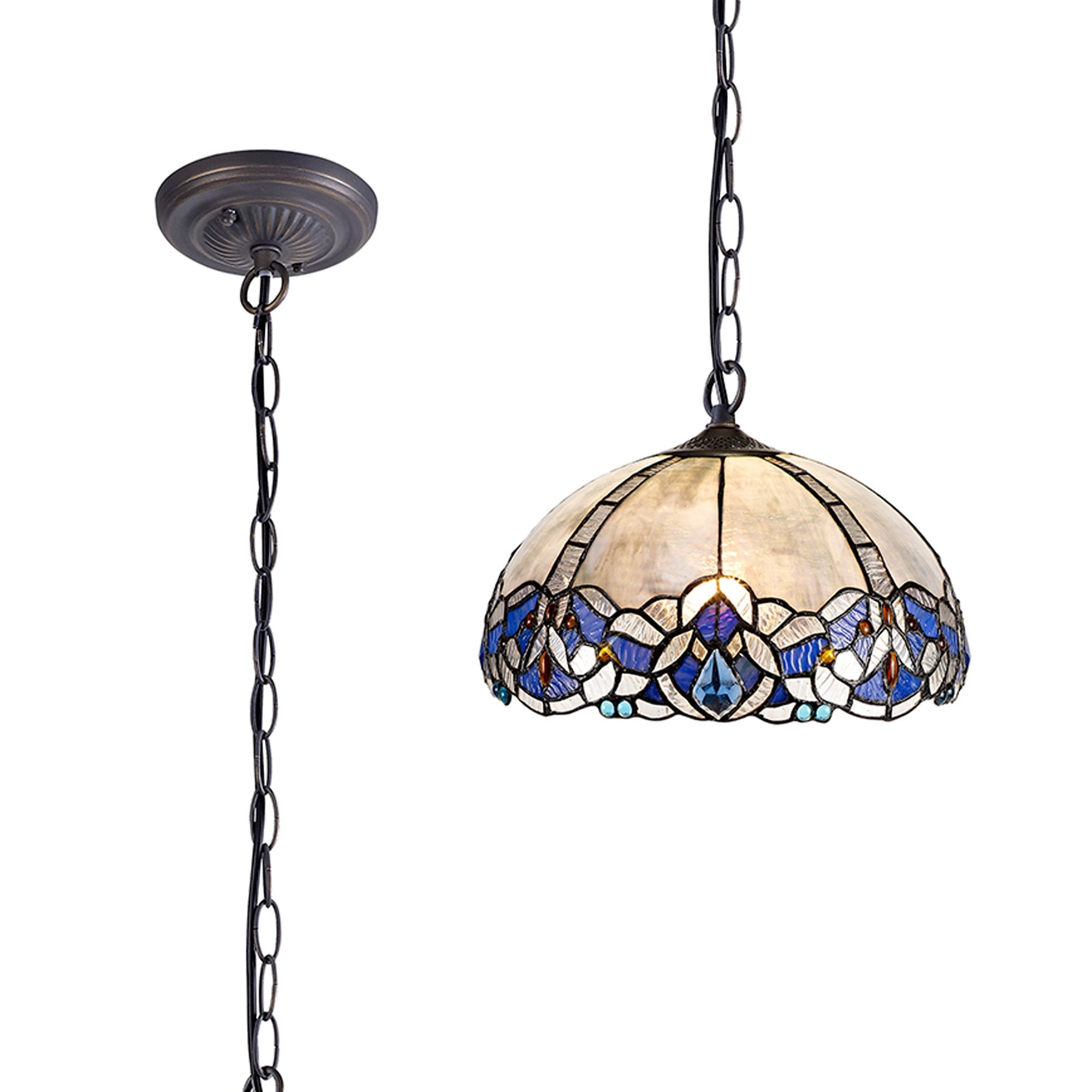 Oksana 1 Light Downlight Pendant E27 With Medium/Large Tiffany Shade, Blue & Clear Crystal & Aged Antique Brass