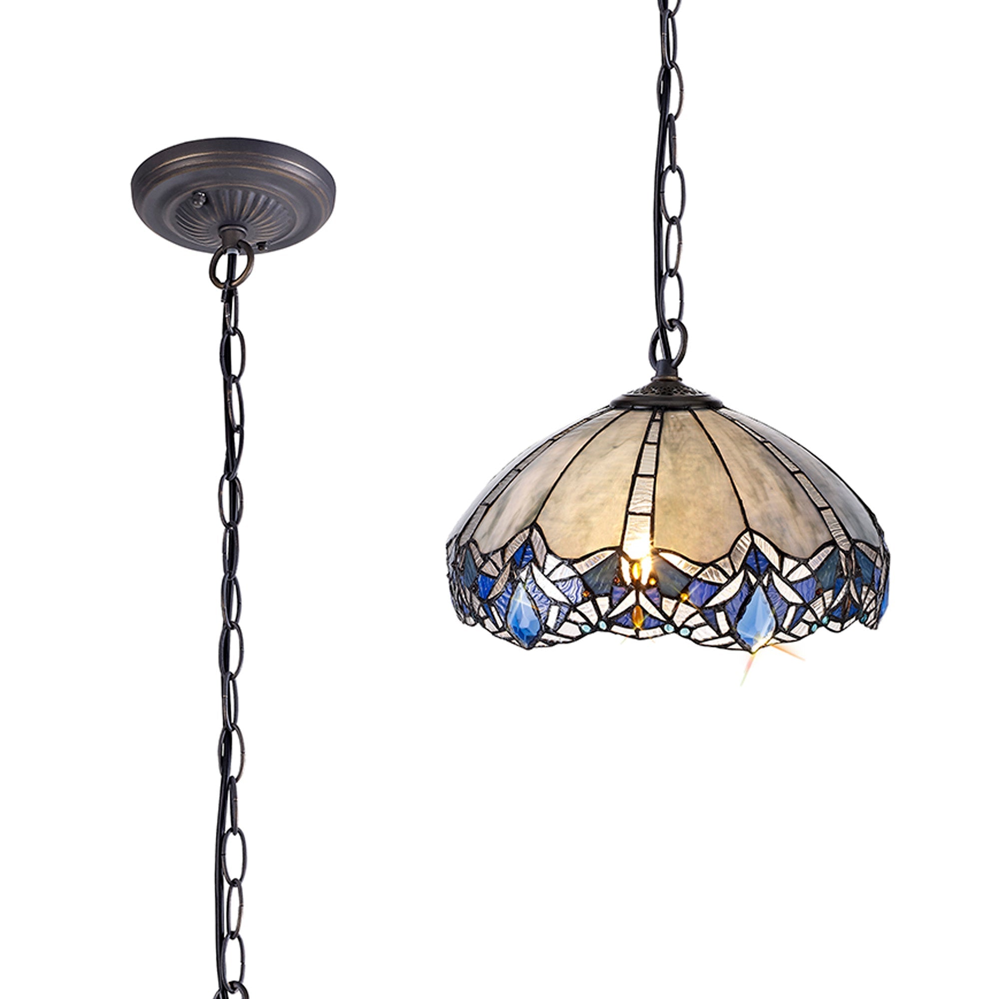 Oksana 1 Light Downlight Pendant E27 With Medium/Large Tiffany Shade, Blue & Clear Crystal & Aged Antique Brass