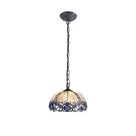 Oksana 1 Light Downlight Pendant E27 With Medium/Large Tiffany Shade, Blue & Clear Crystal & Aged Antique Brass