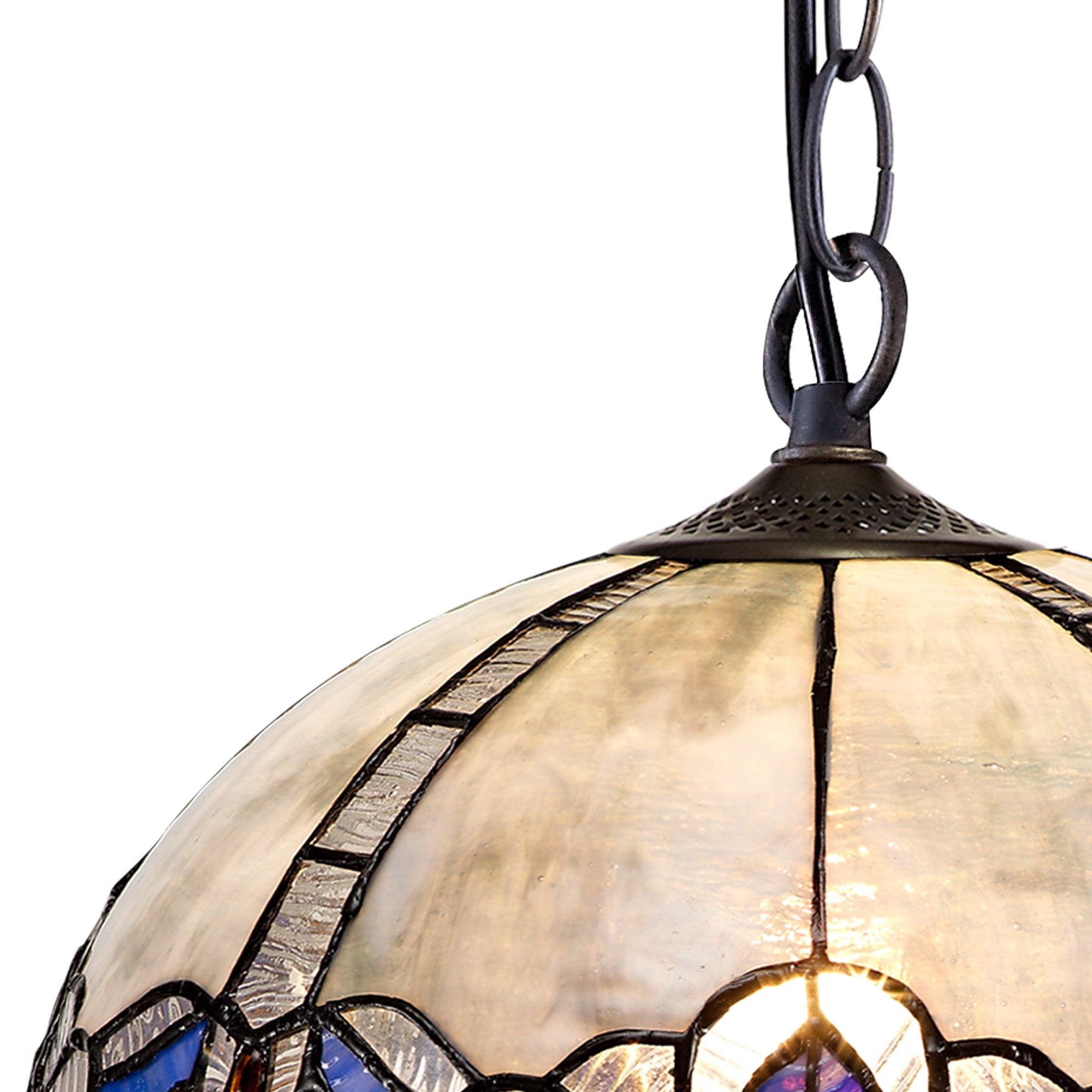 Oksana 1 Light Downlight Pendant E27 With Medium/Large Tiffany Shade, Blue & Clear Crystal & Aged Antique Brass