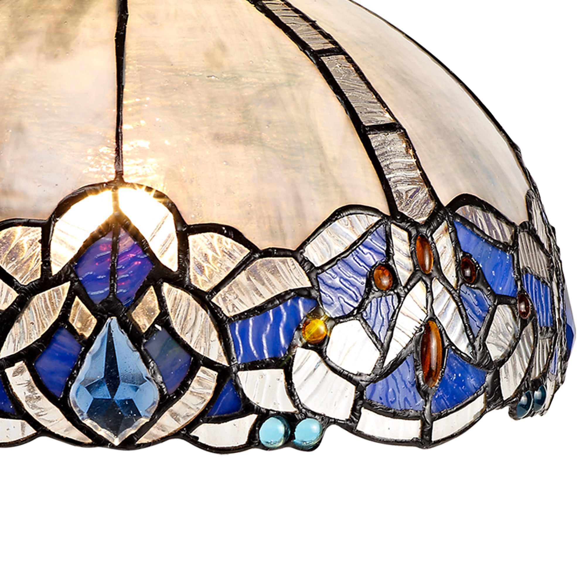 Oksana 1 Light Downlight Pendant E27 With Medium/Large Tiffany Shade, Blue & Clear Crystal & Aged Antique Brass