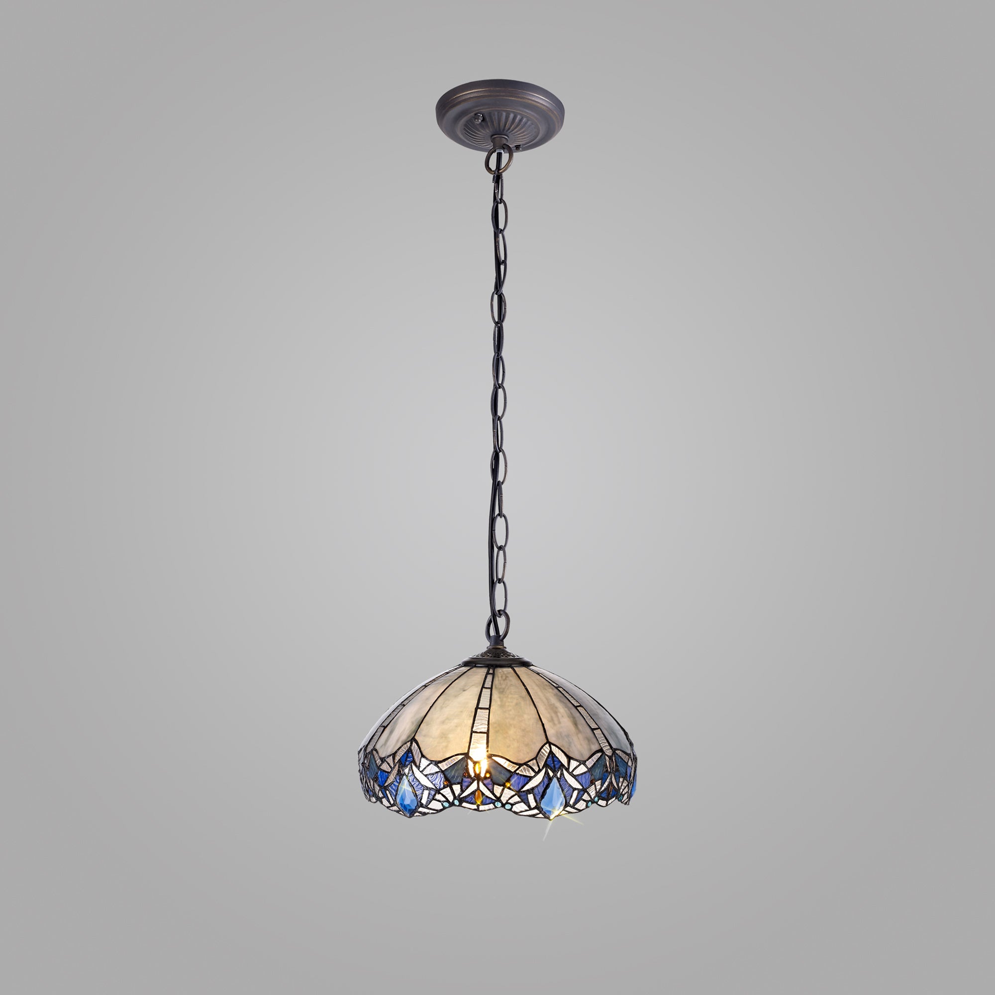 Oksana 1 Light Downlight Pendant E27 With Medium/Large Tiffany Shade, Blue & Clear Crystal & Aged Antique Brass