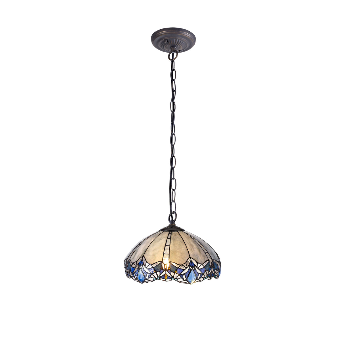 Oksana 1 Light Downlight Pendant E27 With Medium/Large Tiffany Shade, Blue & Clear Crystal & Aged Antique Brass