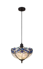 Oksana 1 Light Uplighter Pendant E27 With 30cm Tiffany Shade, Blue & Clear Crystal & Black