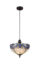 Oksana 1 Light Uplighter Pendant E27 With 30cm Tiffany Shade, Blue & Clear Crystal & Black