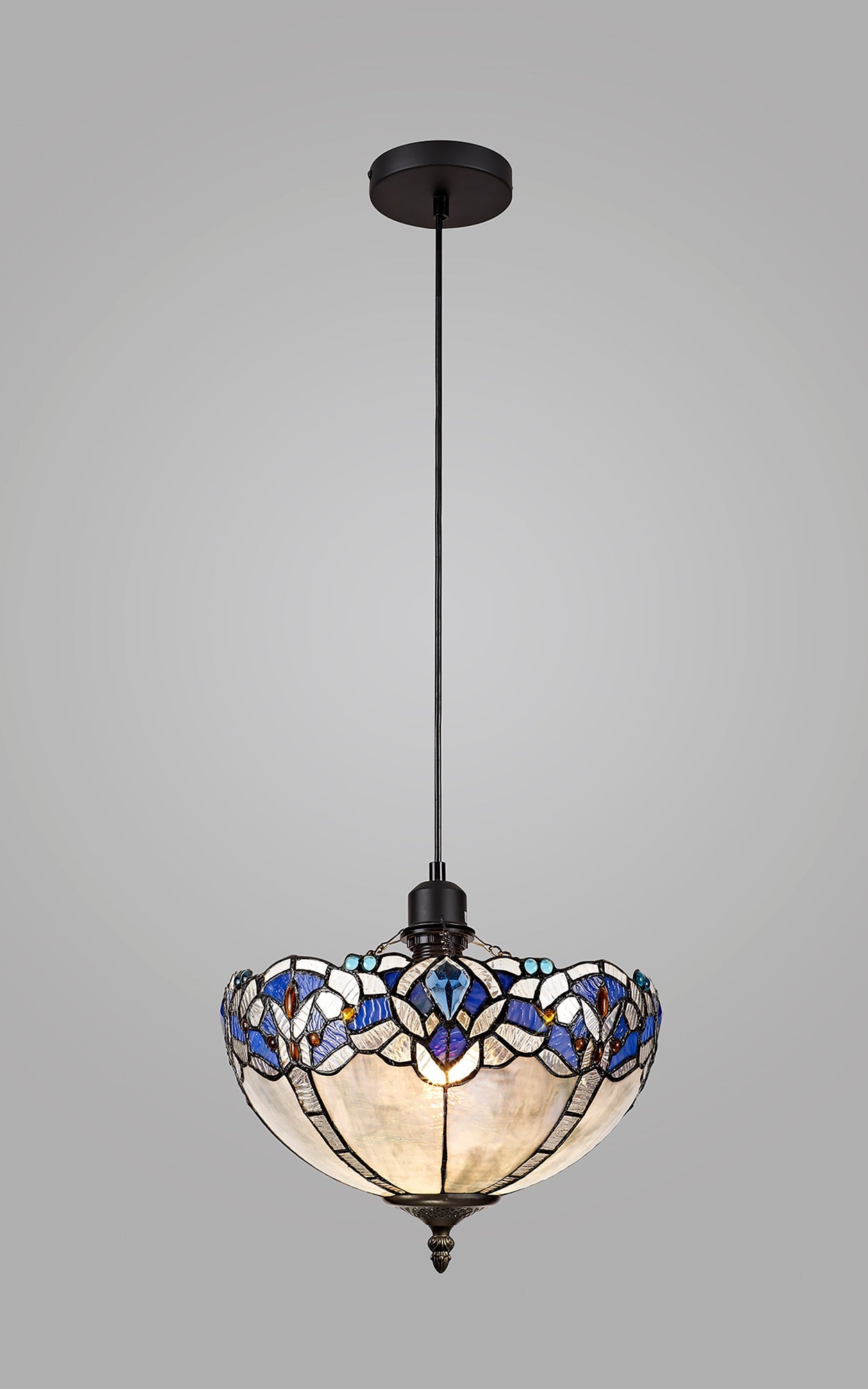 Oksana 1 Light Uplighter Pendant E27 With 30cm Tiffany Shade, Blue & Clear Crystal & Black