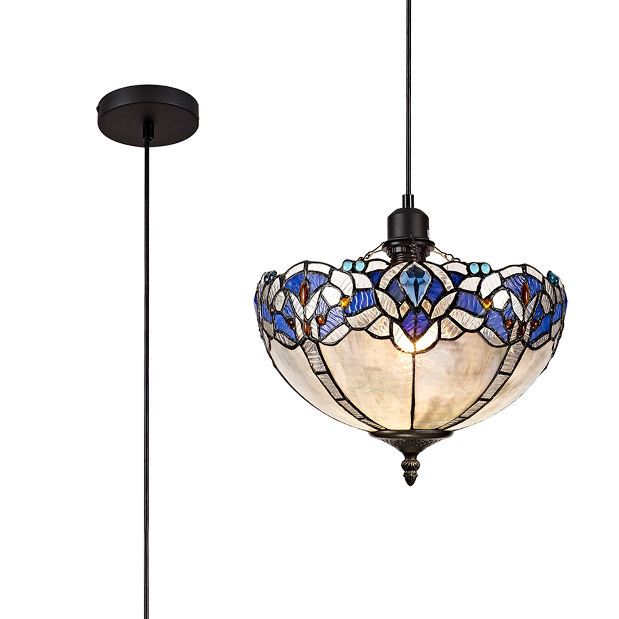 Oksana 1 Light Uplighter Pendant E27 With 30cm Tiffany Shade, Blue & Clear Crystal & Black
