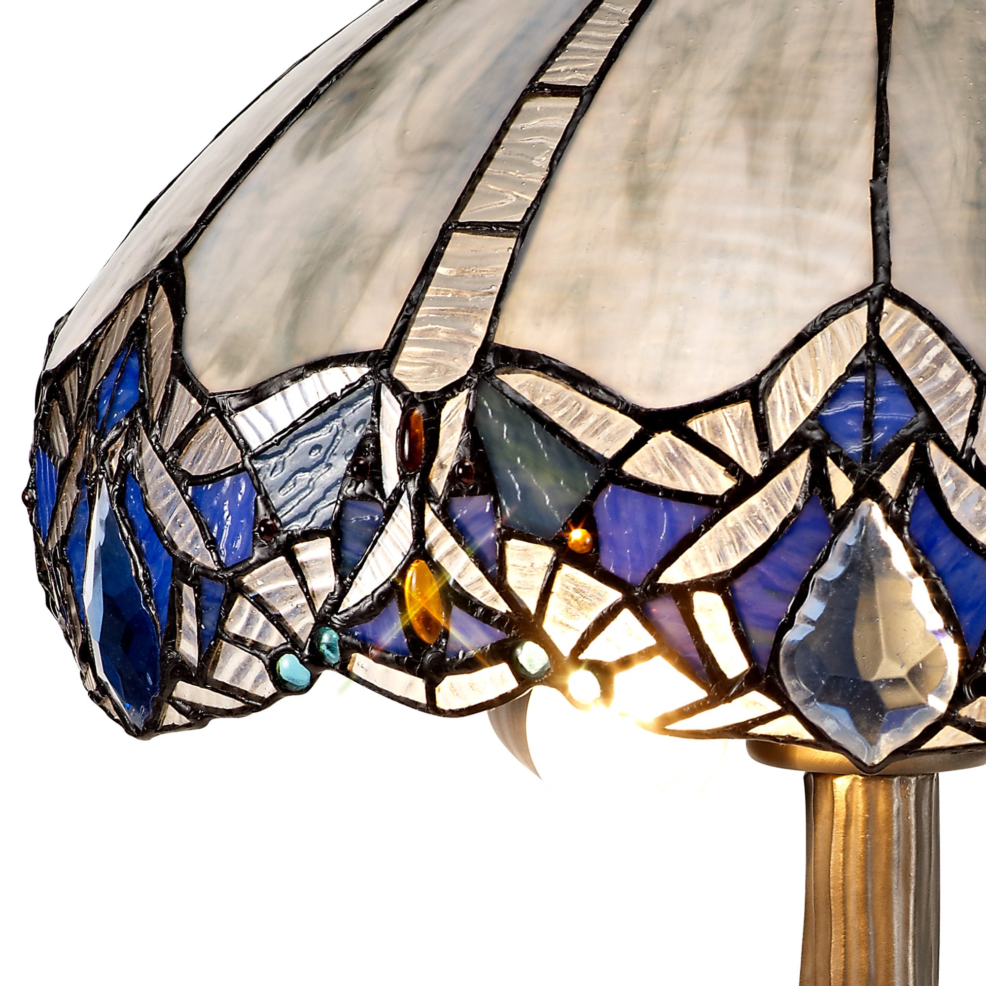 Oksana 1/2 Light Octagonal/Tree/Curved Table Lamp E27 With Tiffany Shade, Blue & Clear Crystal & Aged Antique Brass