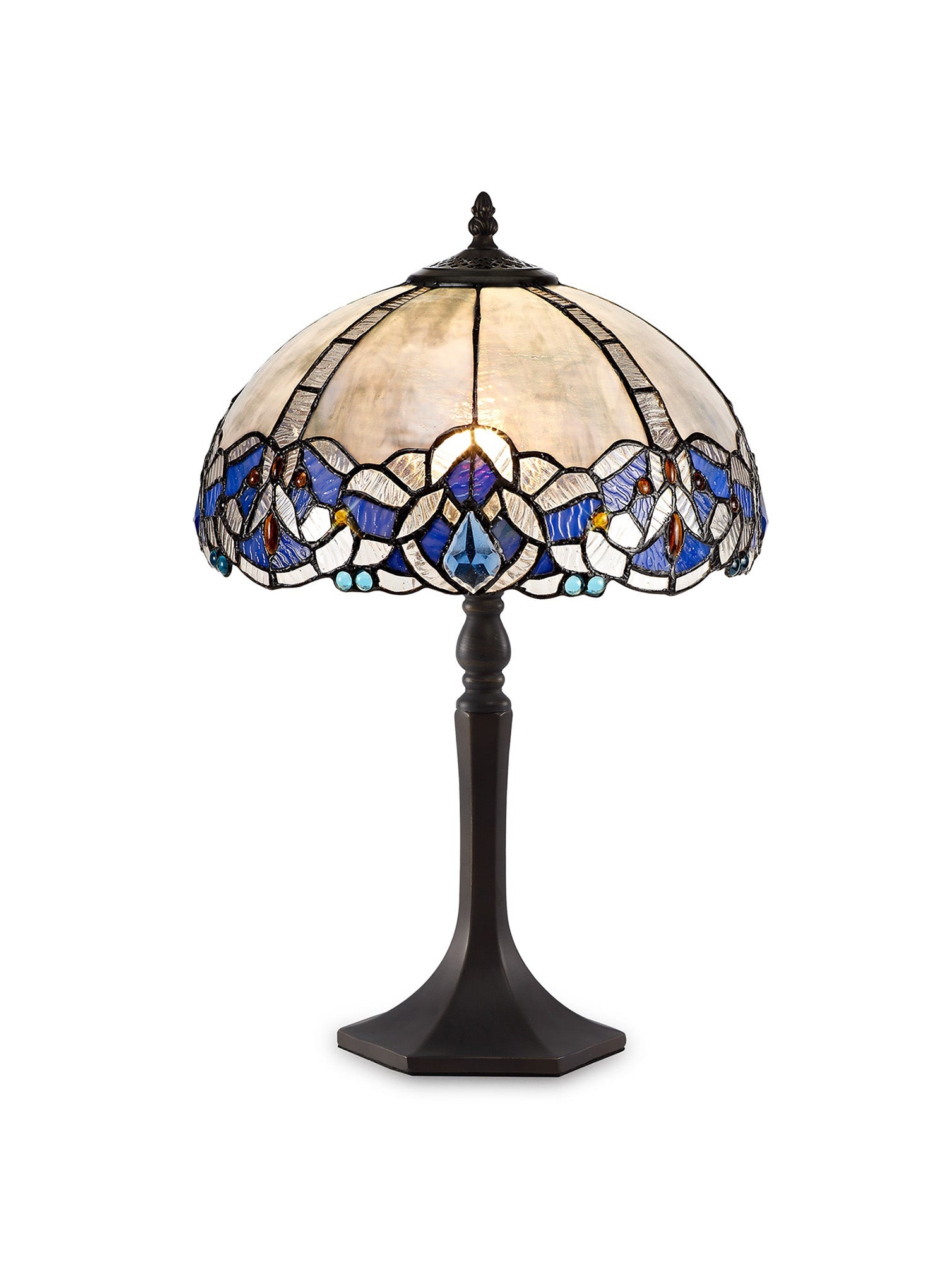 Oksana 1/2 Light Octagonal/Tree/Curved Table Lamp E27 With Tiffany Shade, Blue & Clear Crystal & Aged Antique Brass