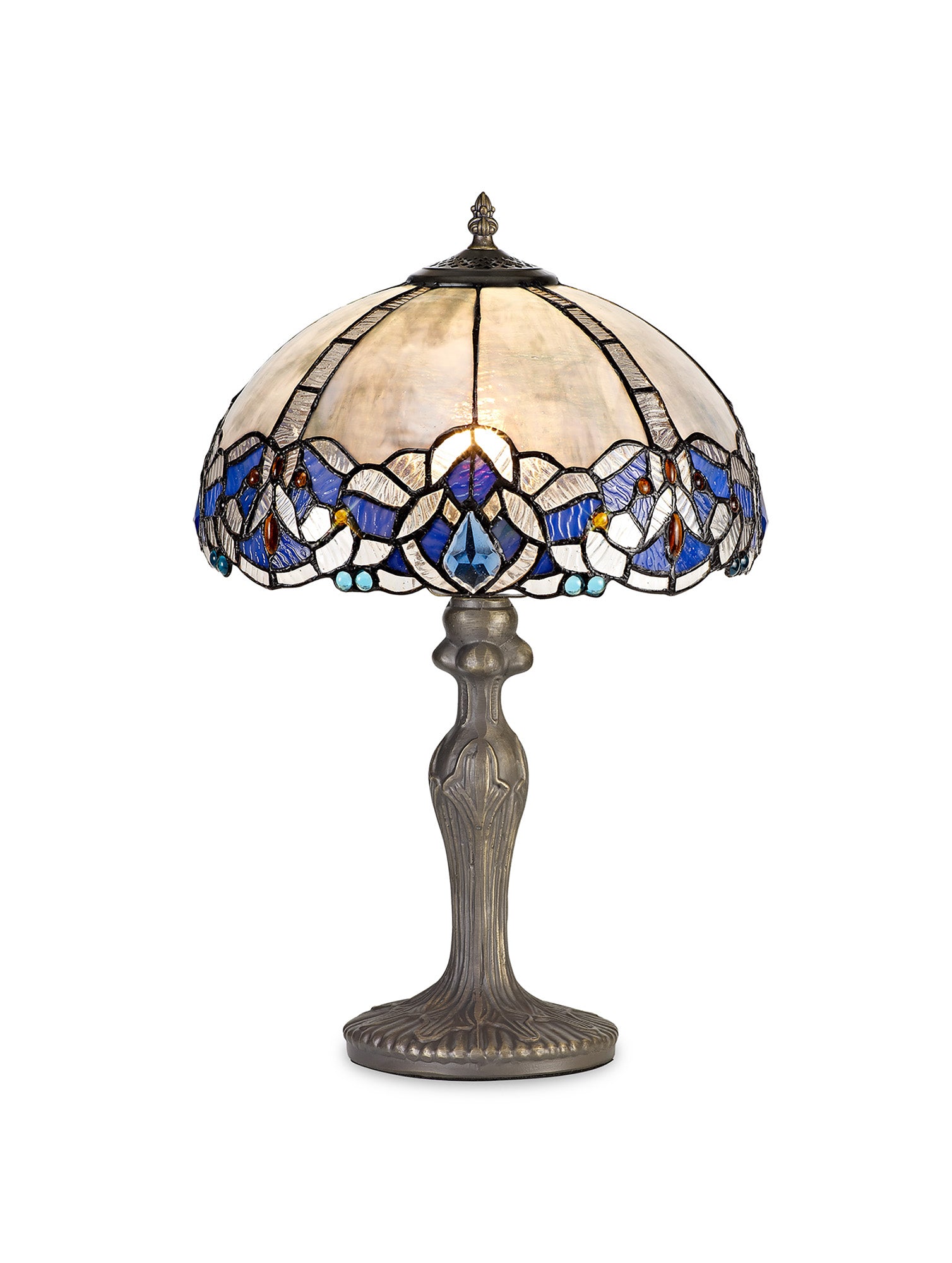 Oksana 1/2 Light Octagonal/Tree/Curved Table Lamp E27 With Tiffany Shade, Blue & Clear Crystal & Aged Antique Brass