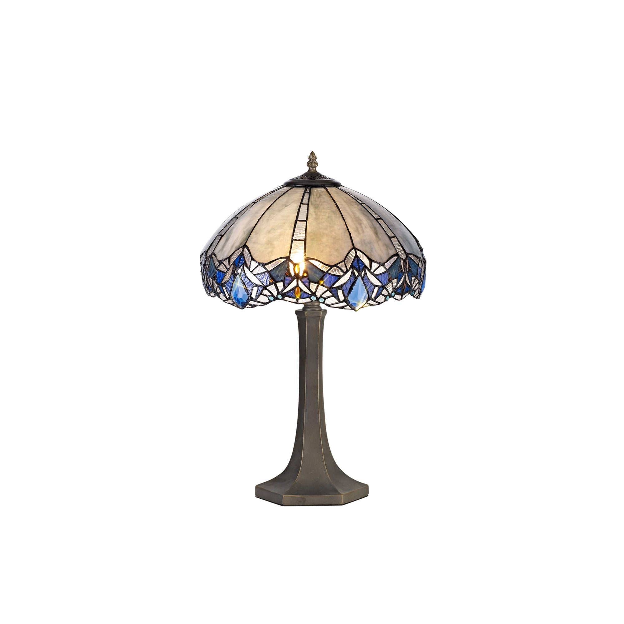 Oksana 1/2 Light Octagonal/Tree/Curved Table Lamp E27 With Tiffany Shade, Blue & Clear Crystal & Aged Antique Brass