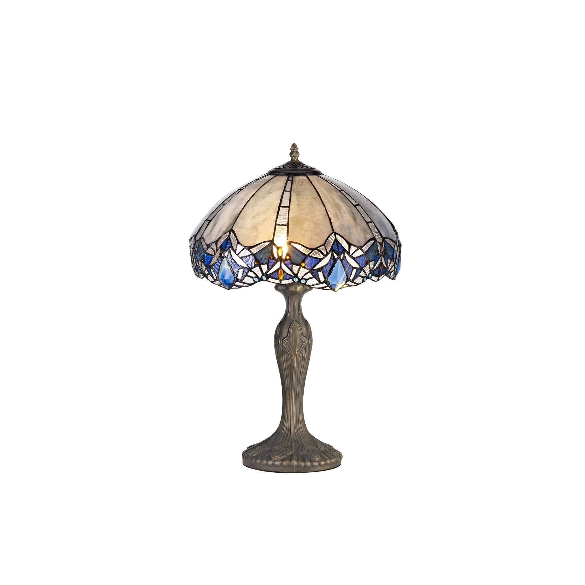 Oksana 1/2 Light Octagonal/Tree/Curved Table Lamp E27 With Tiffany Shade, Blue & Clear Crystal & Aged Antique Brass
