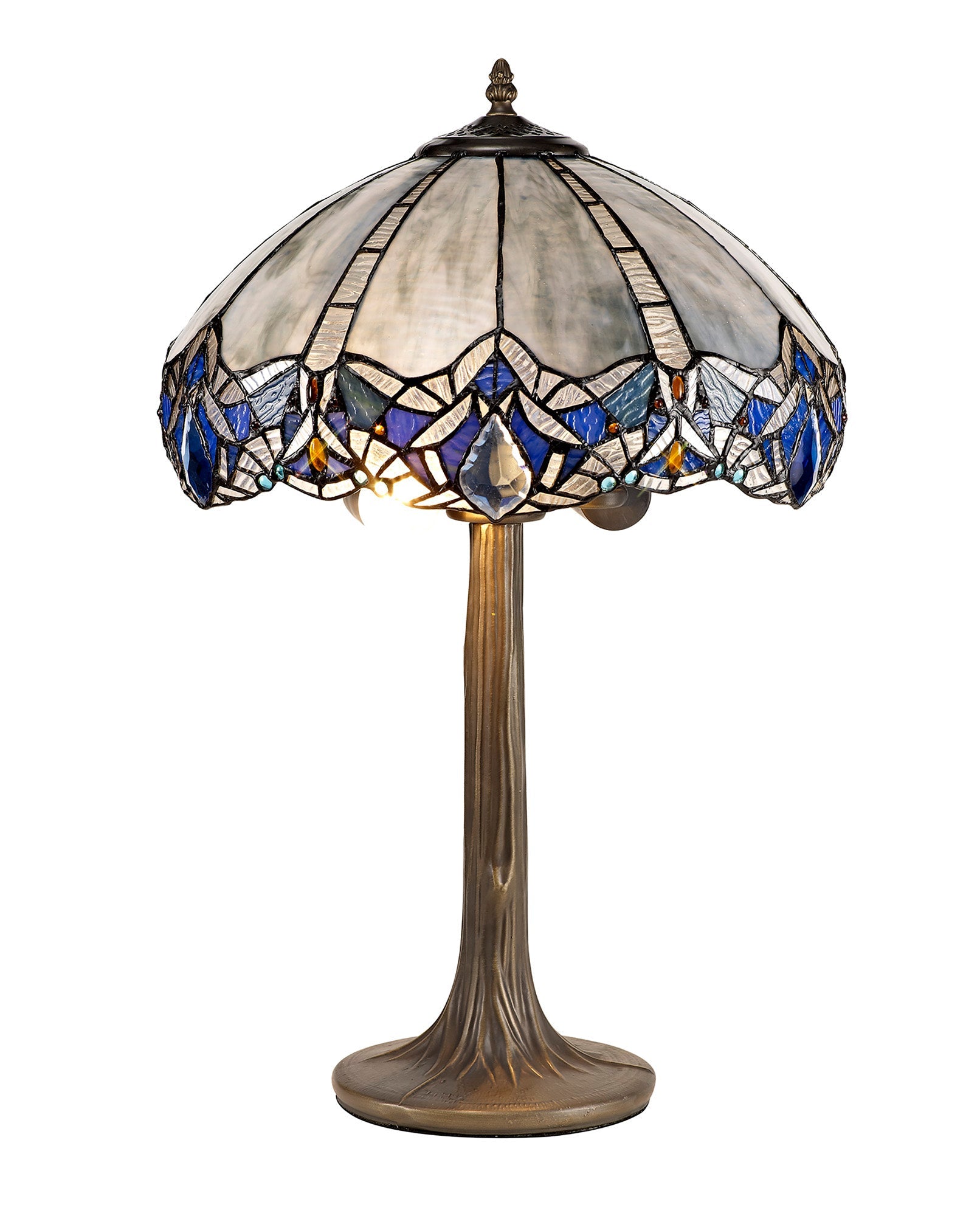 Oksana 1/2 Light Octagonal/Tree/Curved Table Lamp E27 With Tiffany Shade, Blue & Clear Crystal & Aged Antique Brass