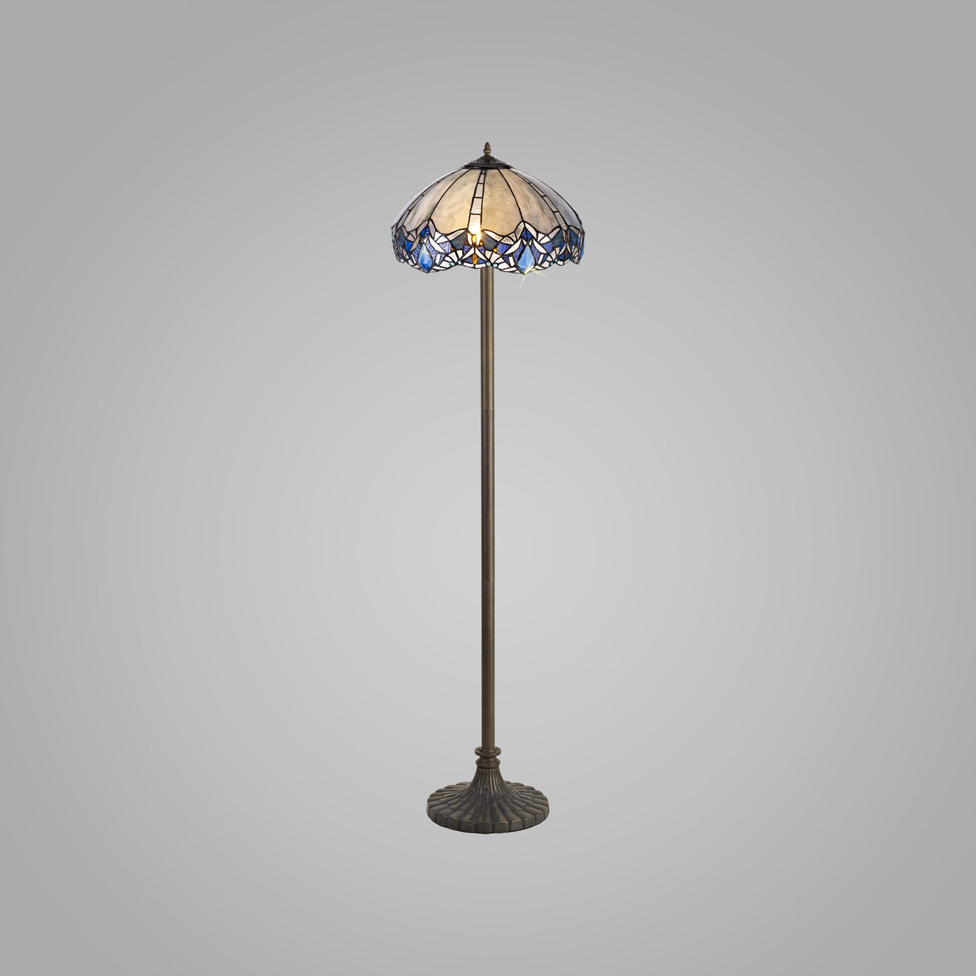 Oksana 2 Light Leaf/Octagonal/Stepped Design Floor Lamp E27 With 40cm Tiffany Shade, Blue & Clear Crystal & Aged Antique Brass