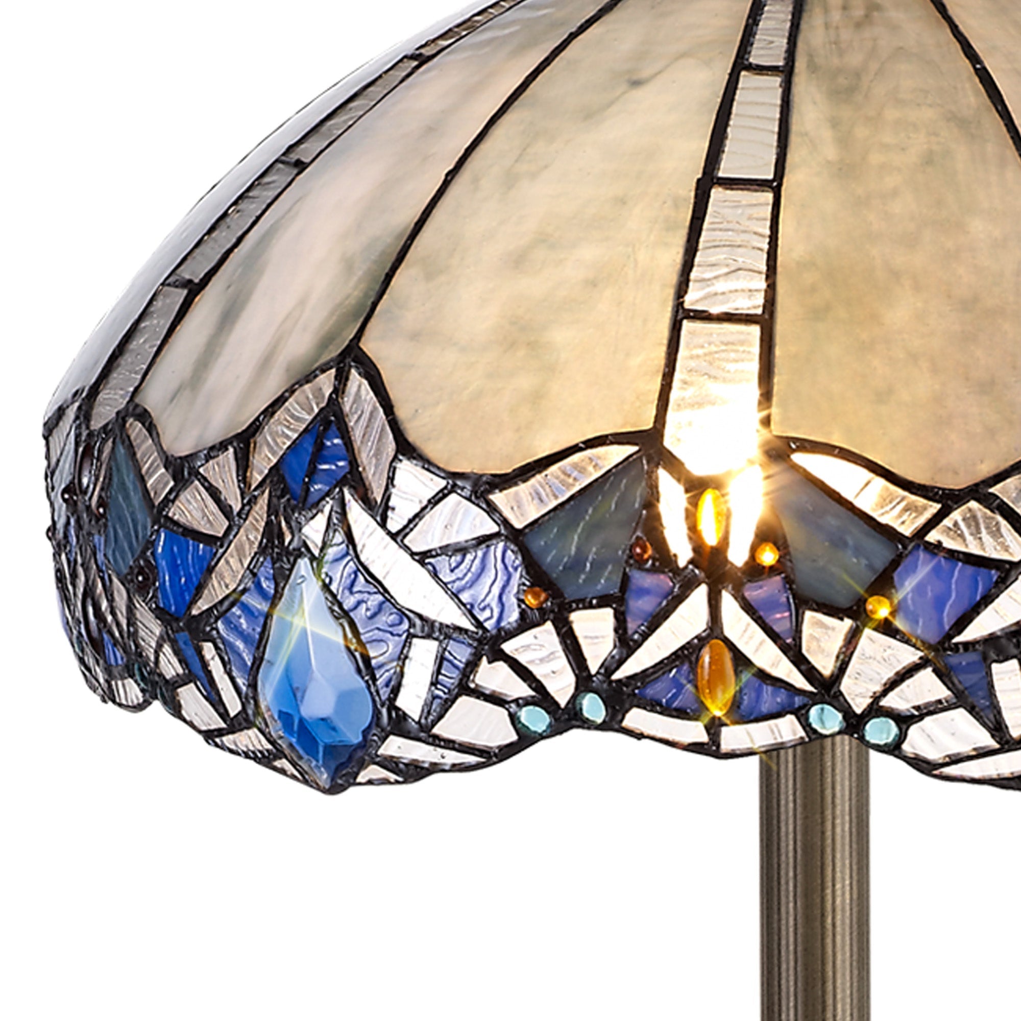 Oksana 2 Light Leaf/Octagonal/Stepped Design Floor Lamp E27 With 40cm Tiffany Shade, Blue & Clear Crystal & Aged Antique Brass